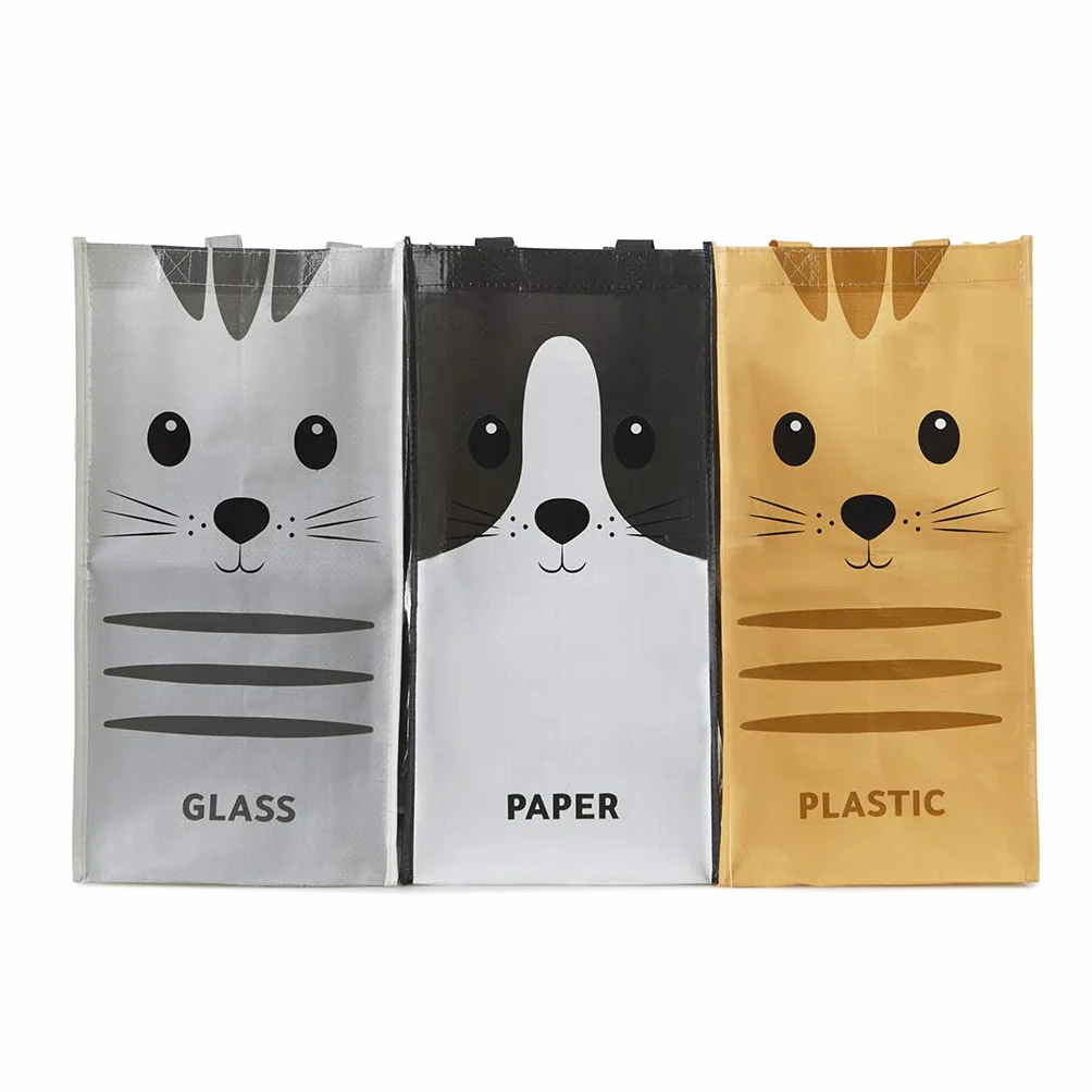 Balvi Meow Zestaw 3 toreb do recyklingu (43x22x22 cm) z uchwytami Wymiary całkowite: 43x66x22 cm