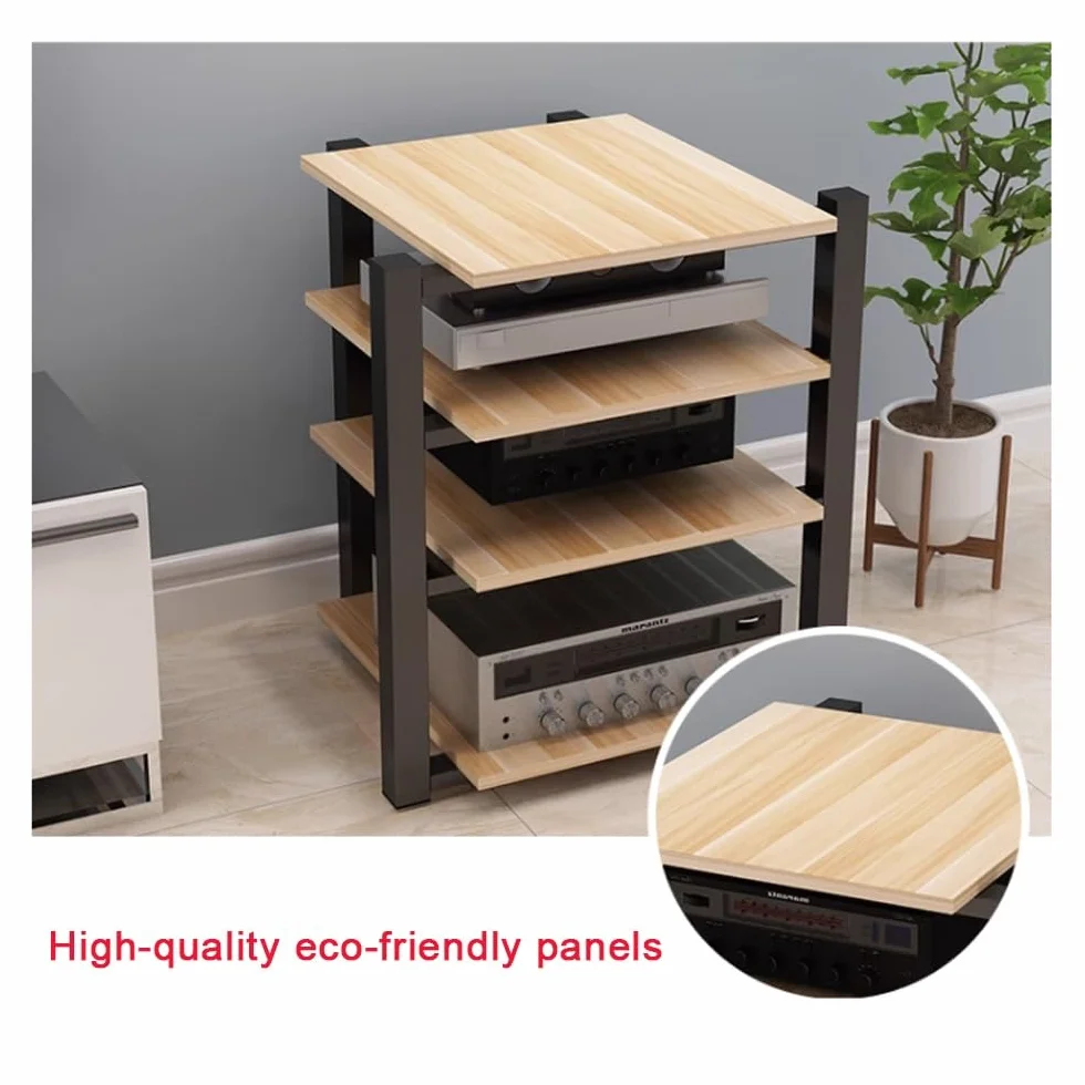 4-poziomowy stojak audio z drewnianymi półkami na wzmacniacz, nośniki AV i komponenty stereo, odtwarzacz CD, półka narożna, do studia nagraniowego, czarny, 70 x 55 x 90 cm