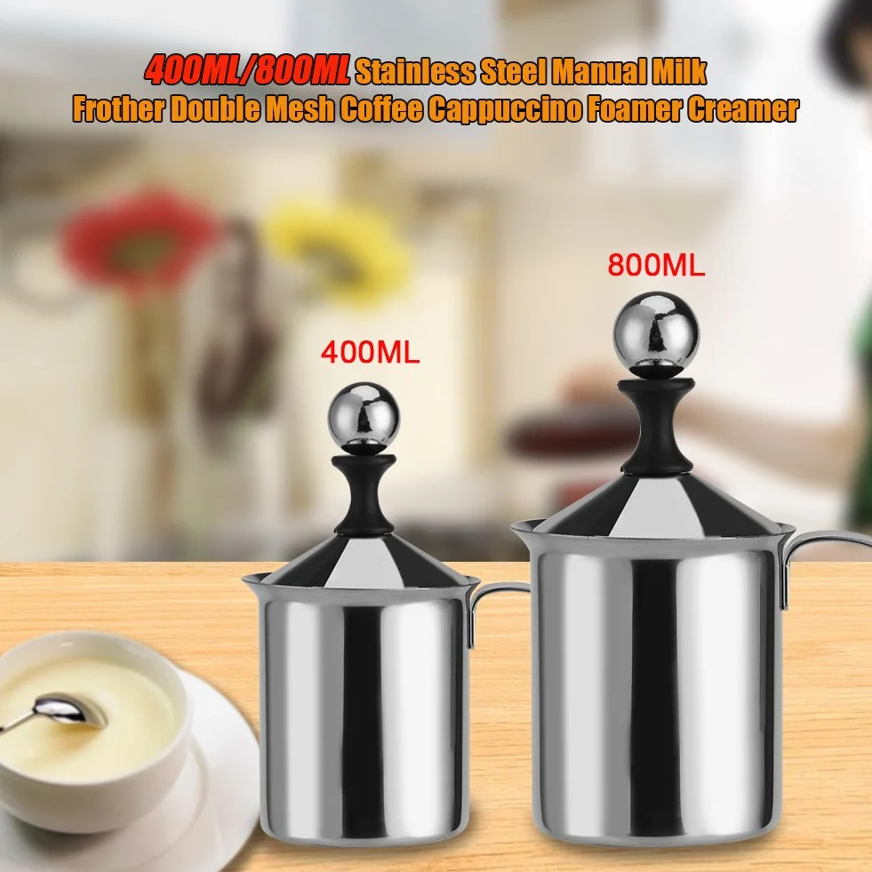 Zerodis Spieniacz do mleka 400 ml/800 ml stal nierdzewna ręczny spieniacz do mleka podwójna siatka kawa cappuccino spieniacz kremowy (800 ml)