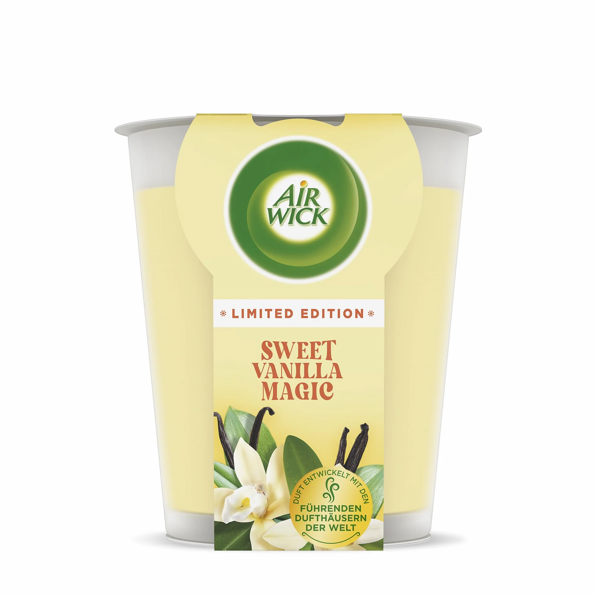 Air Wick Świeca zapachowa XL w słoiku – zapach: Sweet Vanilla Magic – czas palenia do 40 godzin – zawiera naturalne olejki eteryczne – świeca zapachowa 220 g