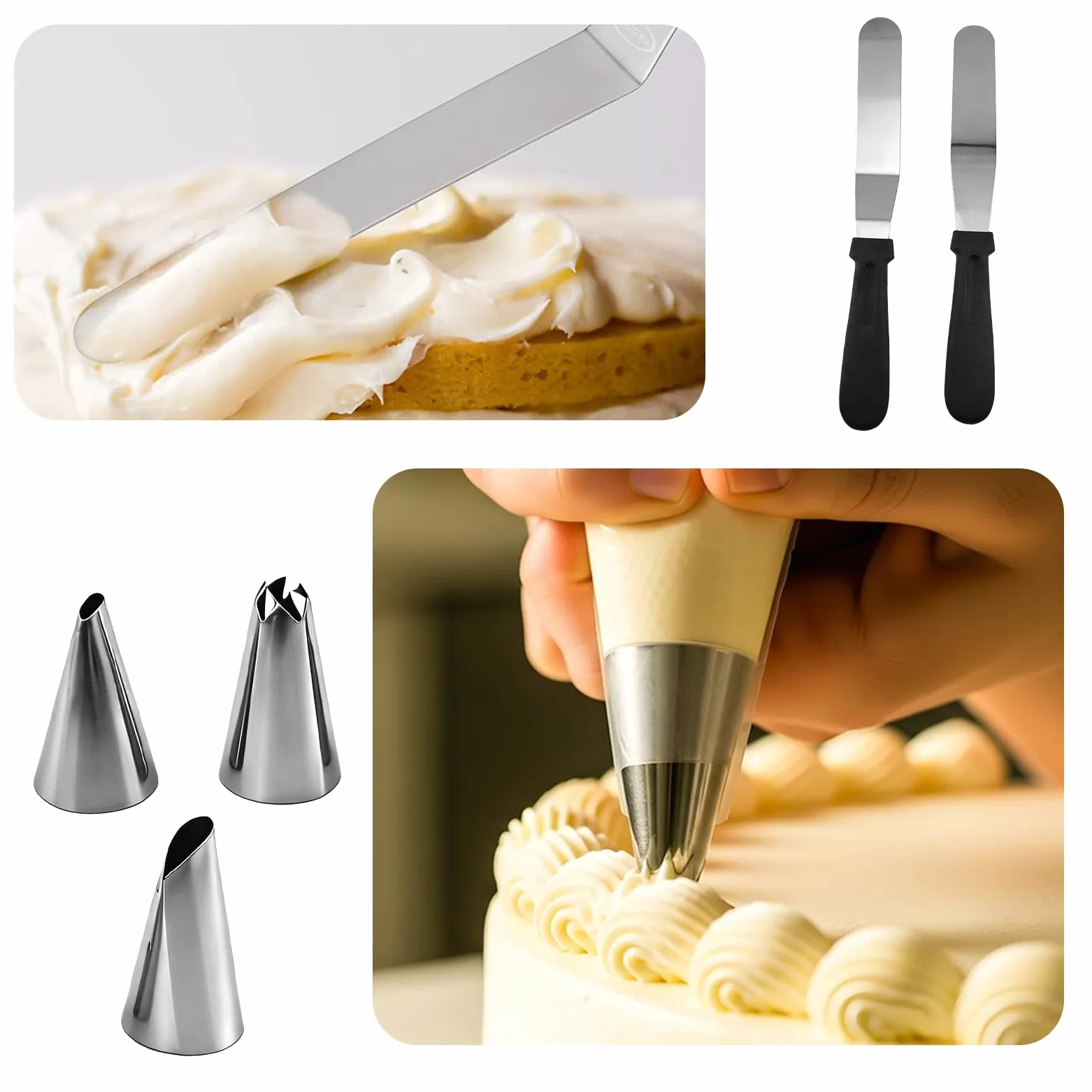Regulowany prostokątny zestaw pierścionków do ciasta – rama do pieczenia ze stali nierdzewnej z podziałką, szpatułką, workiem do piping bag i dyszkami, sejf do mycia w zmywarce