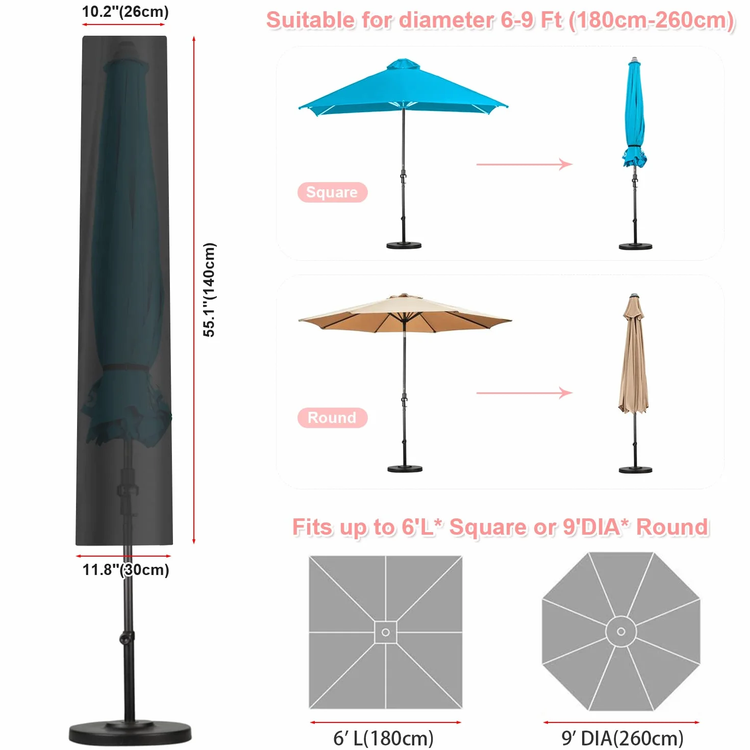 Pokrowiec na parasol ogrodowy, wodoodporny pokrowiec na parasol przeciwsłoneczny, wiatroszczelny, odporny na promieniowanie UV pokrowiec na parasol z prętem, 140 x 26/30 cm