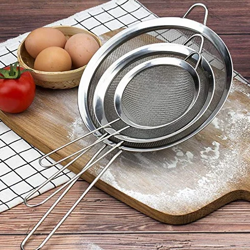 Zestaw sitko kuchennych, Ø 7/12/18 cm, sitko ze stali nierdzewnej z uchwytem, do odcedzania makaronu, komosy ryżowej, cukru pudru, warzyw, owoców, herbaty