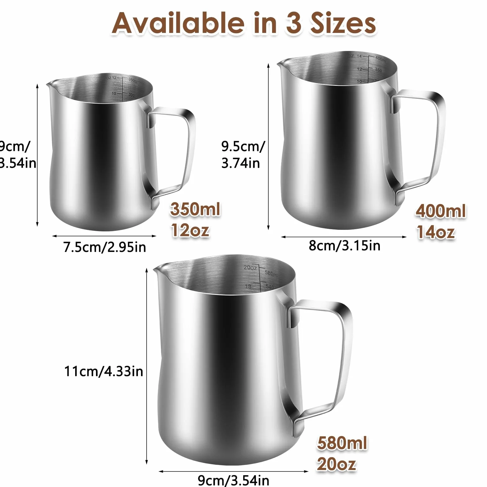 anpro Pojemnik na mleko 400 ml/14 fl. oz. Milk Pitcher dzbanek na mleko ze stali nierdzewnej, idealny do cappuccino, spieniacz do mleka, srebrny