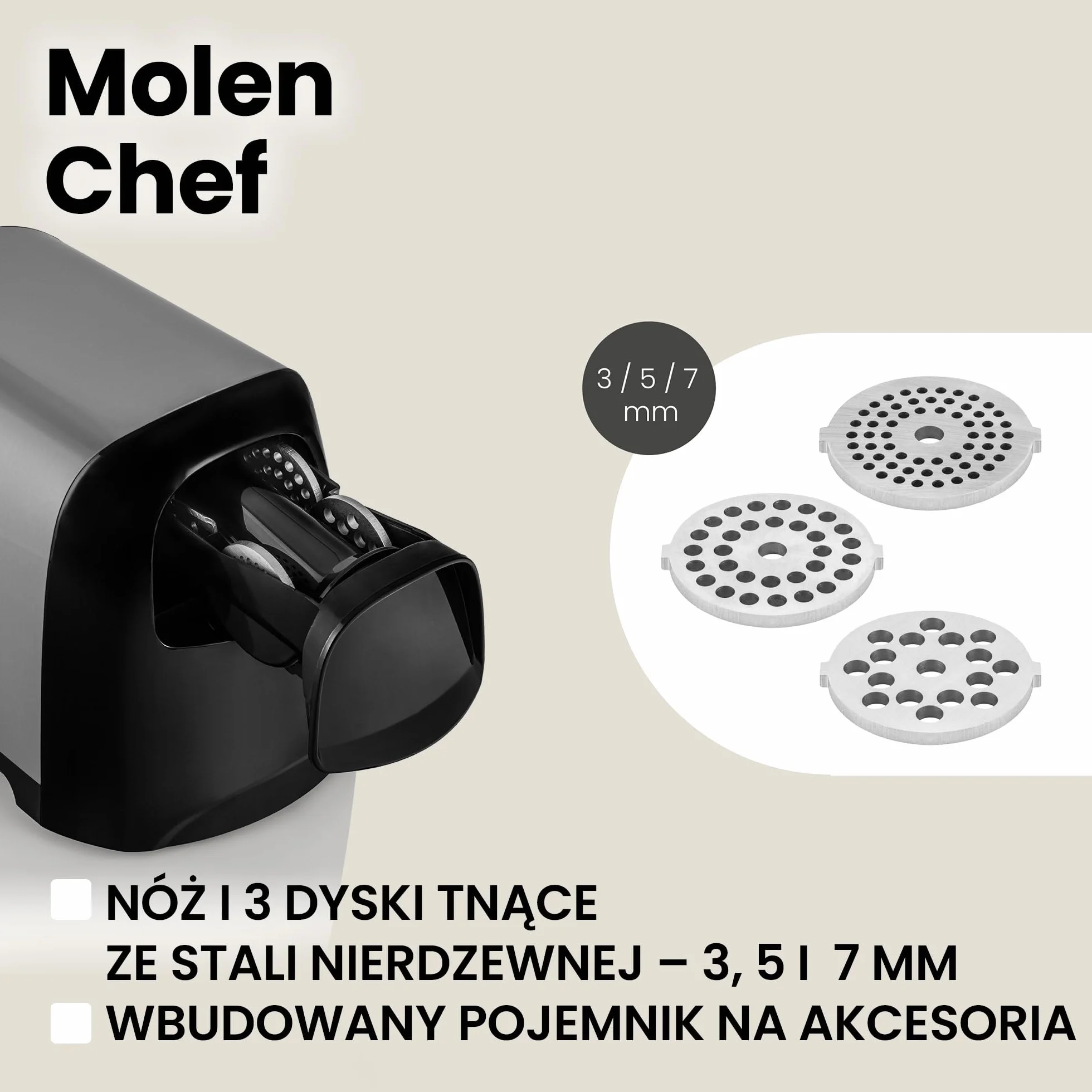 ZEEGMA Molen Chef maszynka do mielenia mięsa, moc 1900W, metalowa taca i obudowa, wydajność 1,8kg/min, 3 dyski, nakładka kebbe, szatkownica warzyw, pojemnik na akcesoria, trzy bębny tnące (Srebrny)