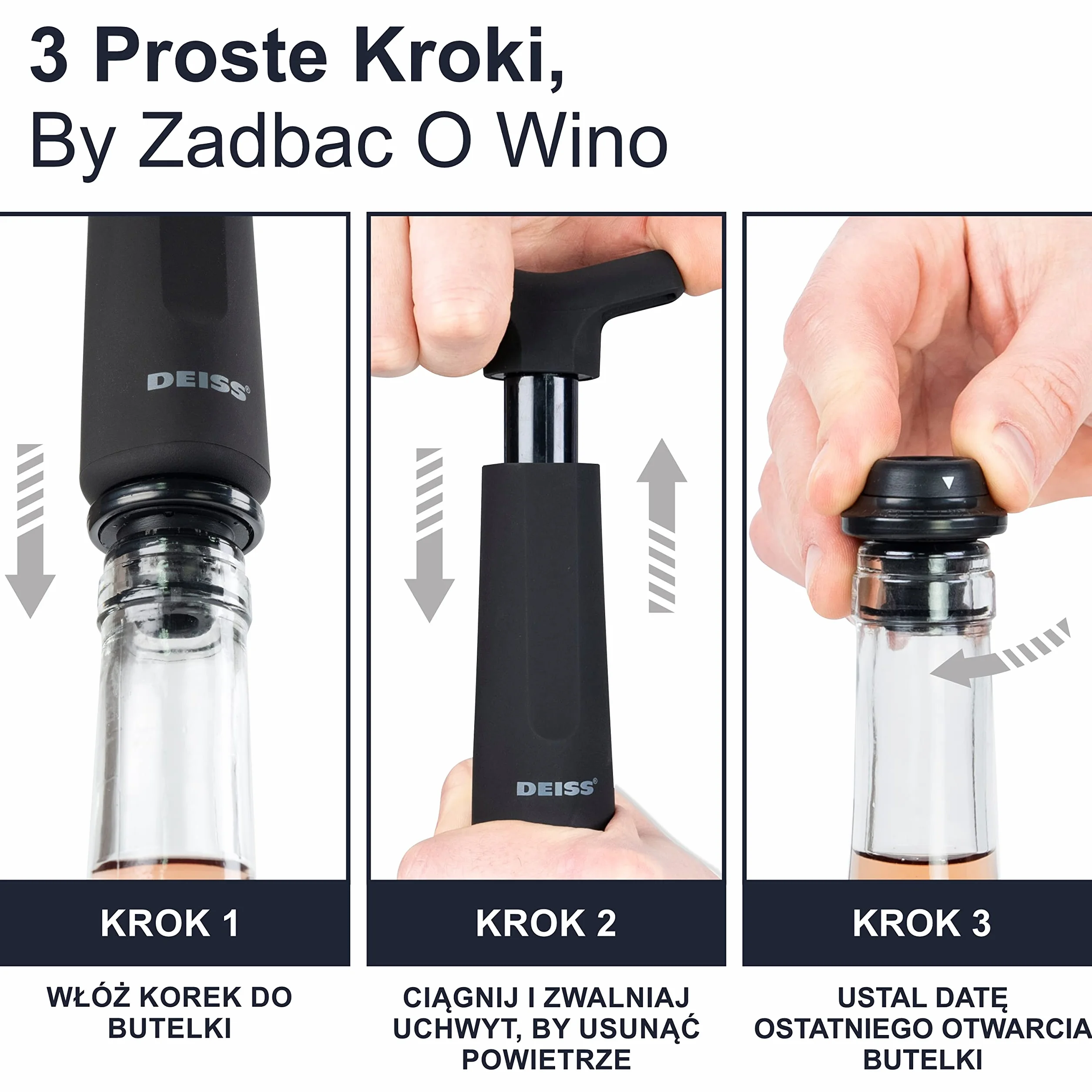 Deiss Pro Pompa Próżniowa Do Wina z 3 Zatyczkami Do Wina – Silikonowe Zatyczki Do Wina ze Znacznikami Dat - Zatyczki Do Wina Zachowujące Świeżość (Pompa Próżniowa Do Wina)