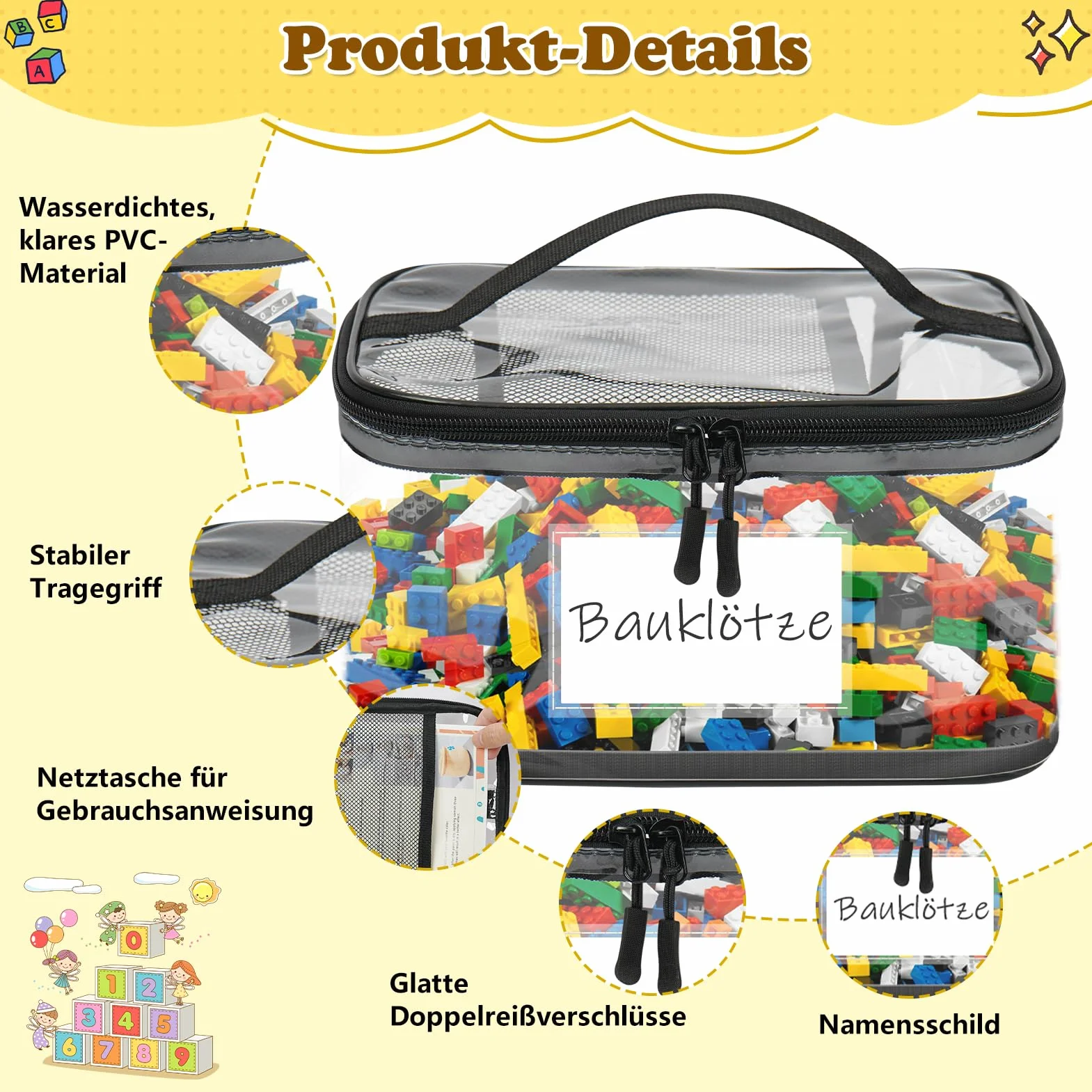 6 sztuk toreb do przechowywania zabawek z plakietką z imieniem, torby do przechowywania z zamkiem błyskawicznym, wodoodporny, przezroczysty organizer na zabawki dla dzieci, do klocków, puzzli, gliny