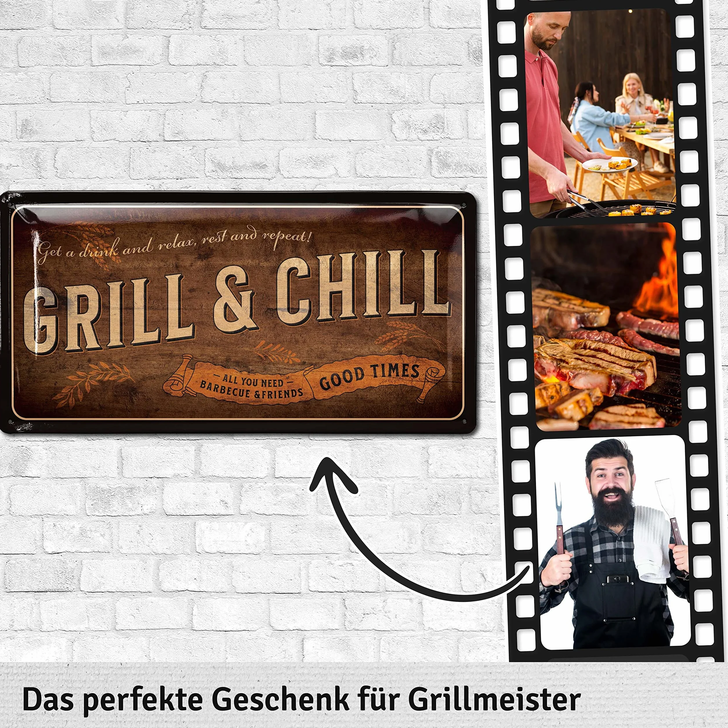 Retro blaszana tabliczka grillowanie - grill and chilll lounge - dekoracja grilla retro - tabliczka do grillowania tabliczka ogród - prezent dla taty do grillowania tabliczka tabliczka z powiedzonkami i wytłoczeniem w wymiarach 17 x 34 cm
