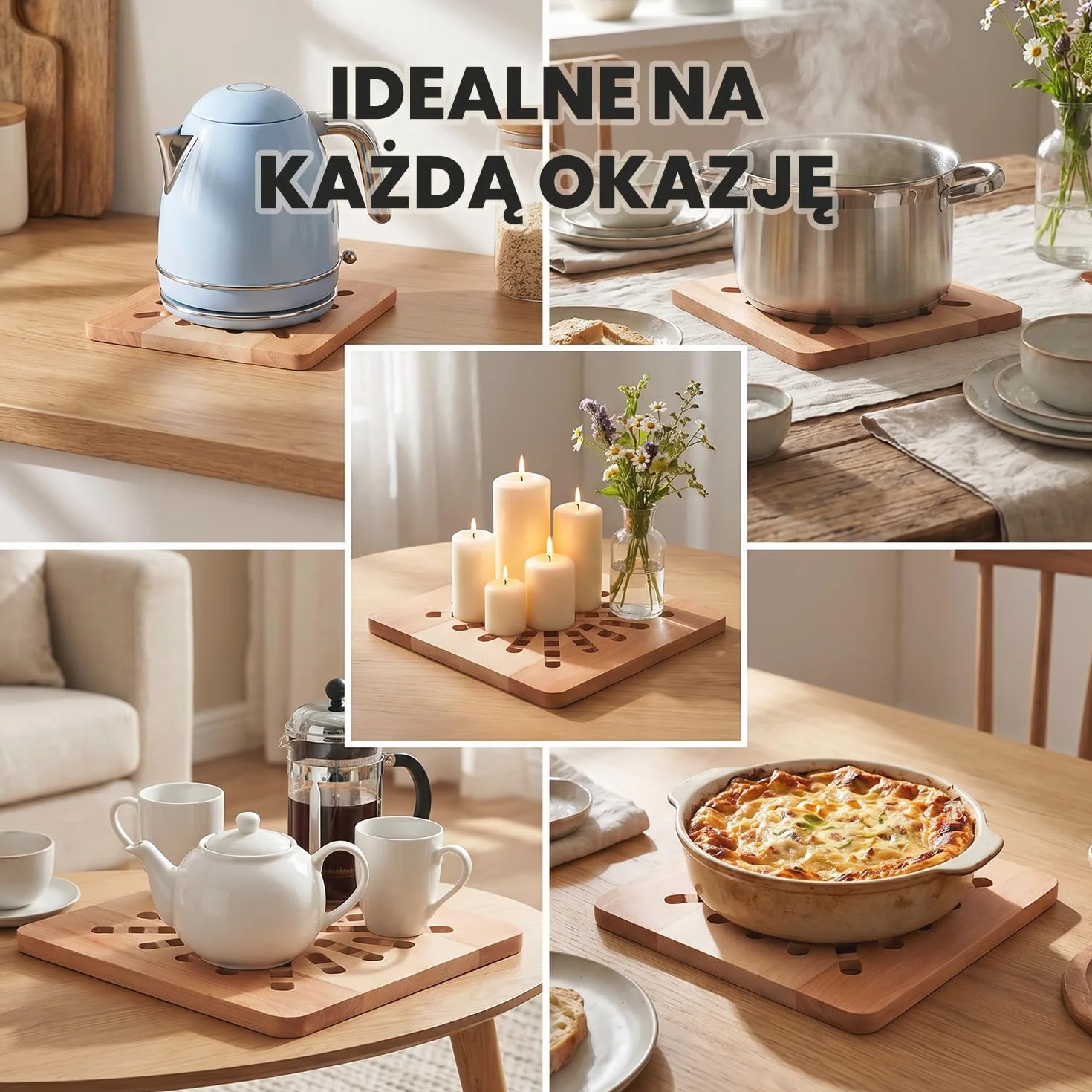 Drewniana podkładka pod garnek 19,5 x 19,5 cm - kwadratowa żaroodporna podkładka pod gorące garnki i patelnie, dekoracyjny trójnóg drewniany do kuchni