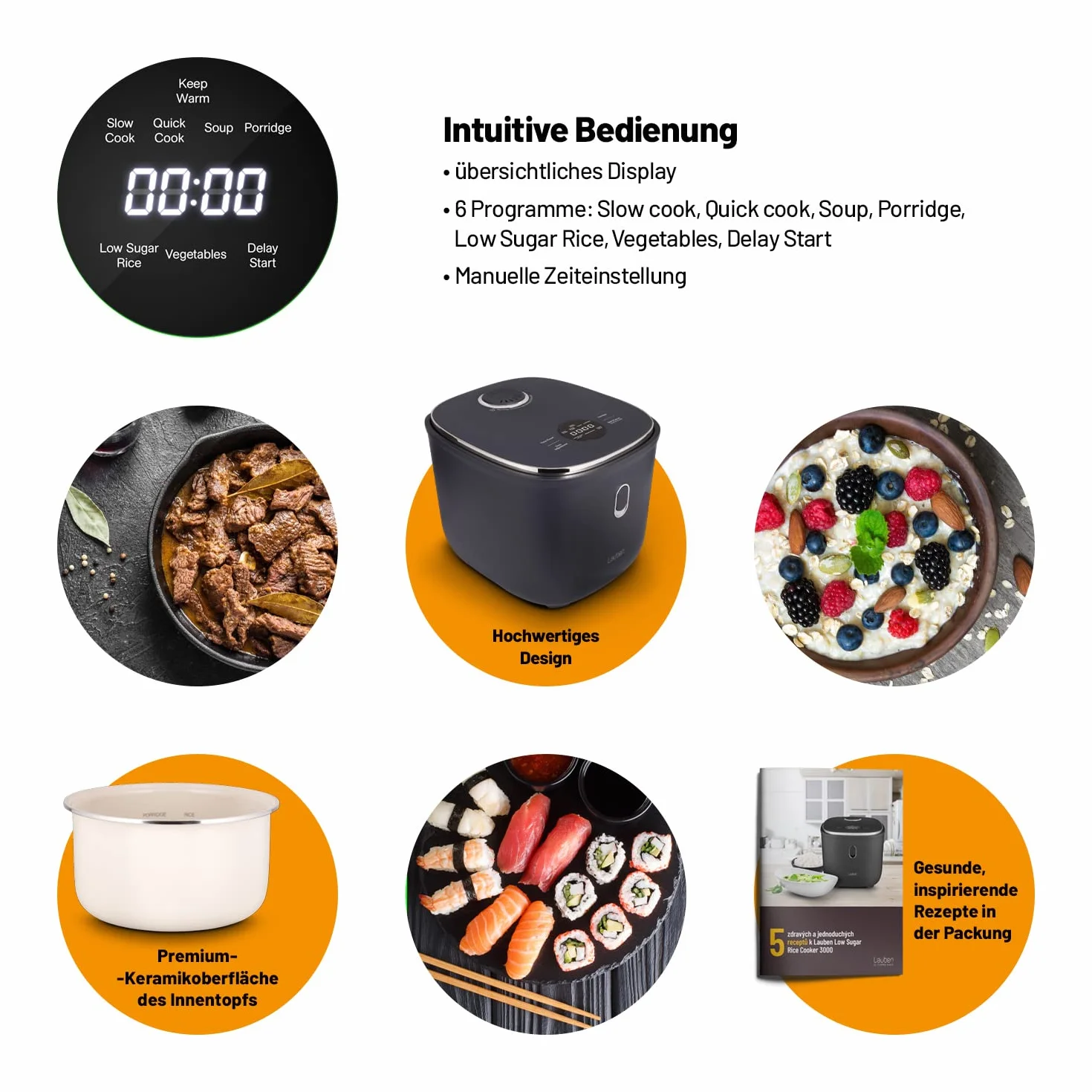 Lauben Low Sugar Rice Cooker szybkowar z funkcją niskiego cukru, pojemność 3 l, 6 trybów, opóźniony start, utrzymywanie ciepła, nieprzywierająca powierzchnia ceramiczna, nadaje się do mycia w