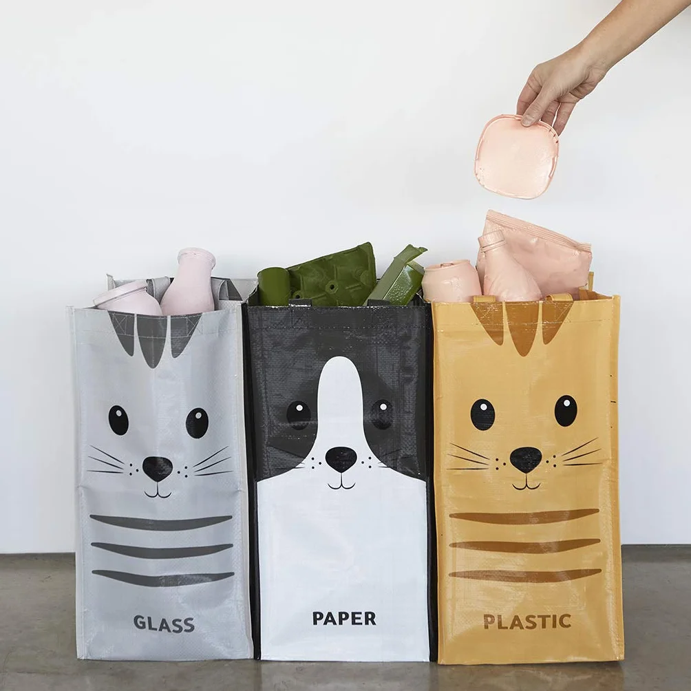 Balvi Meow Zestaw 3 toreb do recyklingu (43x22x22 cm) z uchwytami Wymiary całkowite: 43x66x22 cm