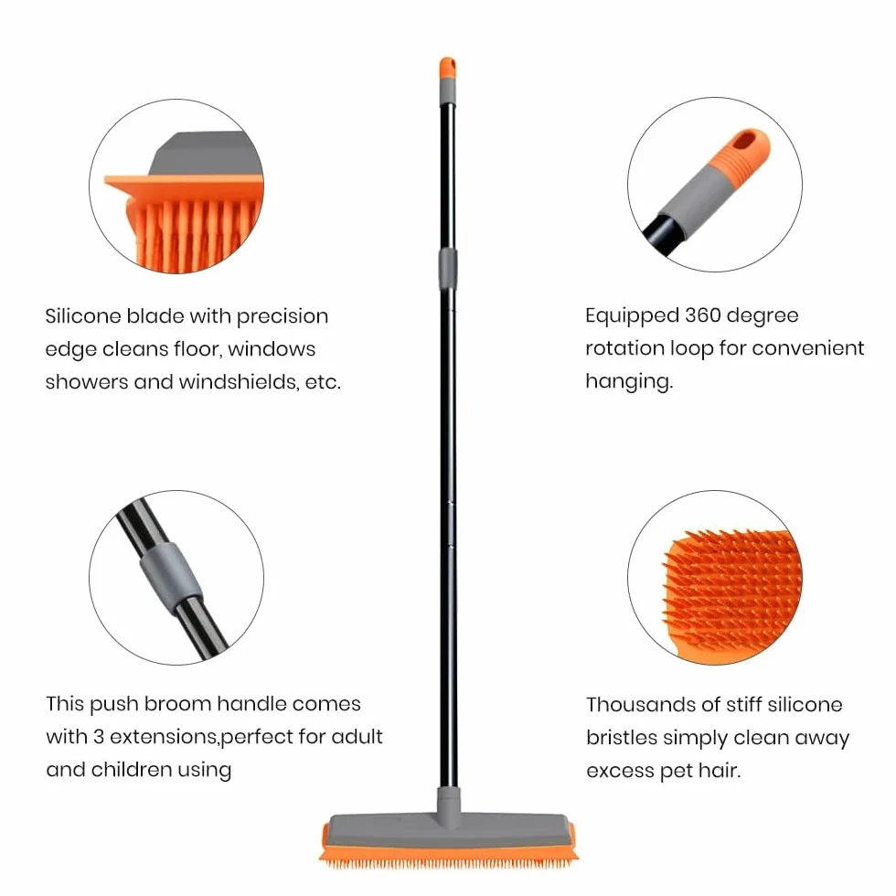 TreeLen Guma Broom Carpet Rake Pet Hair Remover Broom with Squeegee Extension Push Broom for Carpet Hardwood Floor Tile Windows