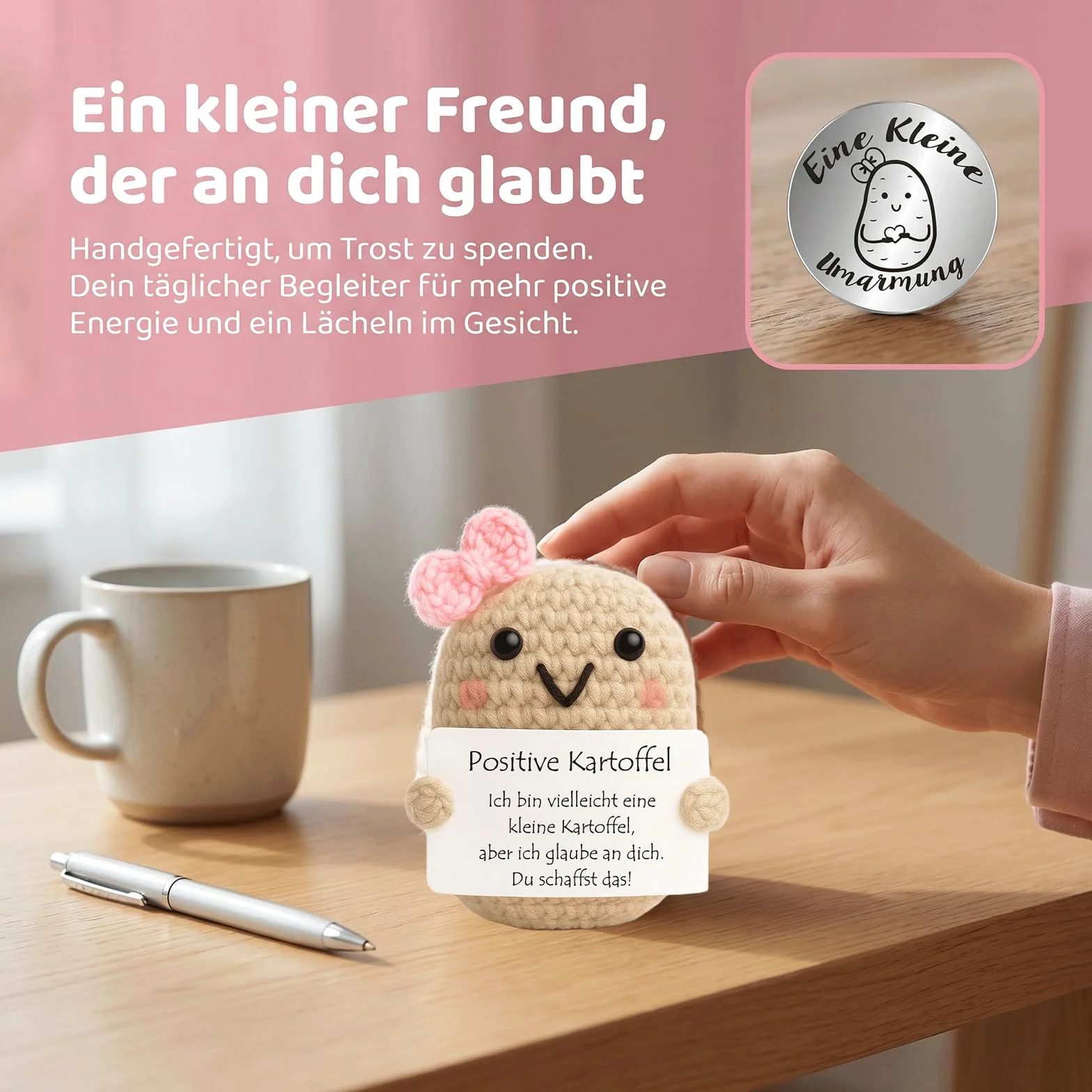 LEMONSTONE Pocket Hug Pozytywna figurka ziemniaczana, ręcznie robiona dzianina, dekoracyjna figurka z małym uściskiem, talizman, srebrna, kreatywna szydełkowana lalka, dla przyjaciół, kolegów z