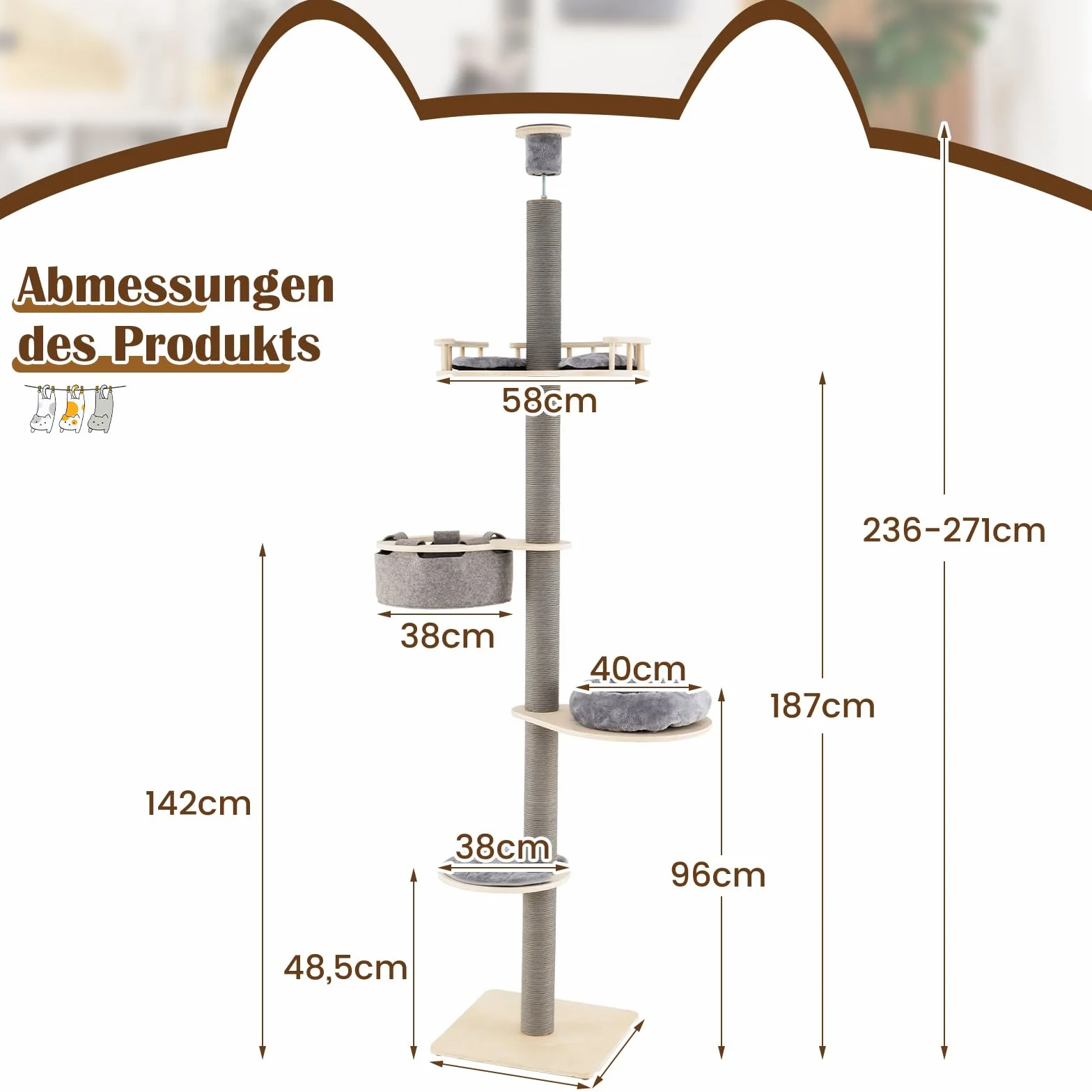 COSTWAY Drapak dla kota do sufitu 236-271 cm 5-piętrowy z hamakiem i platformami