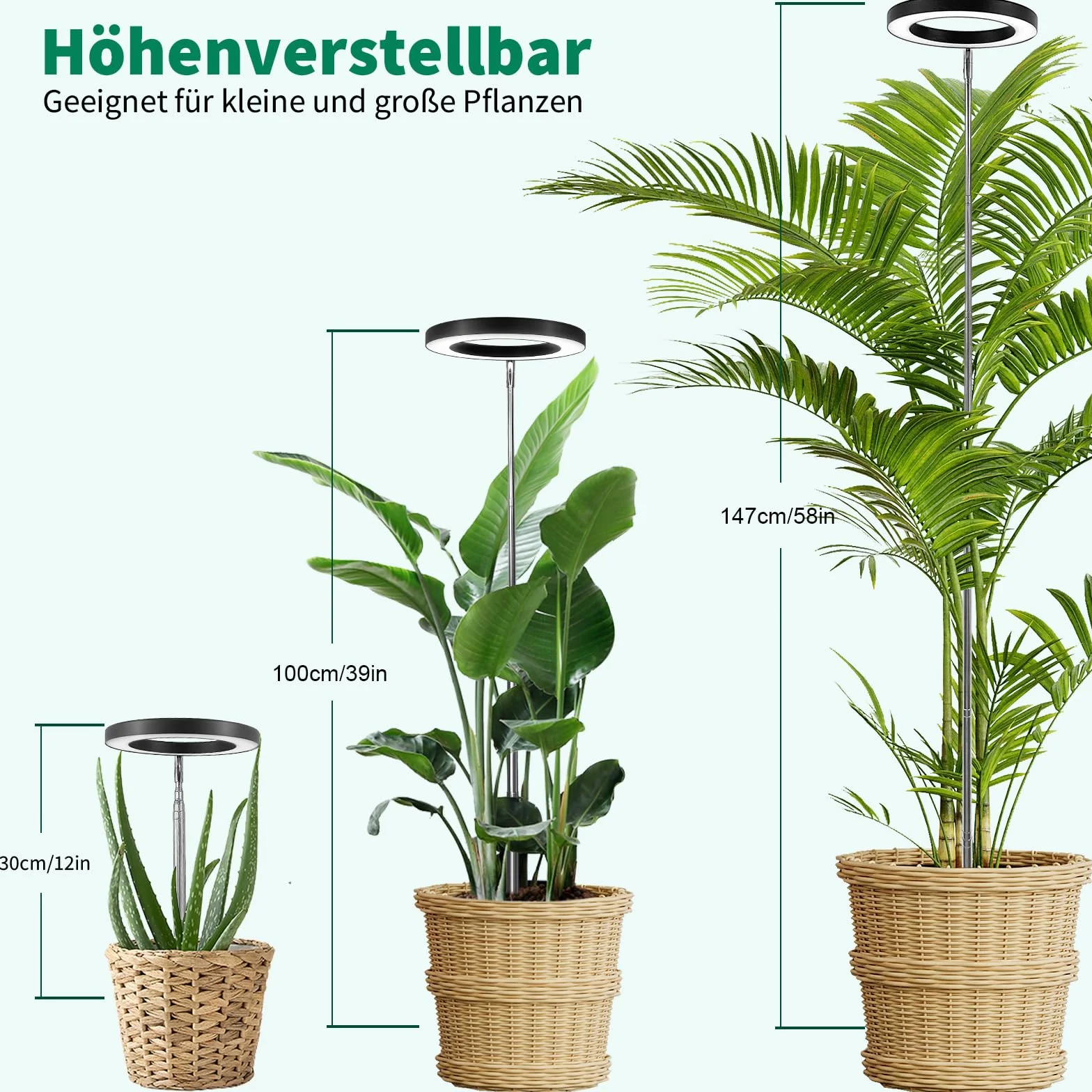 Qoolife lampa roślinna led full spectrum dla roślin domowych, 147 CM regulowana wysokość światła roślinnego z 72 diodami LED, 3 ściemniane poziomy jasności, timer 3/9/12 godzin dla roślin domowych