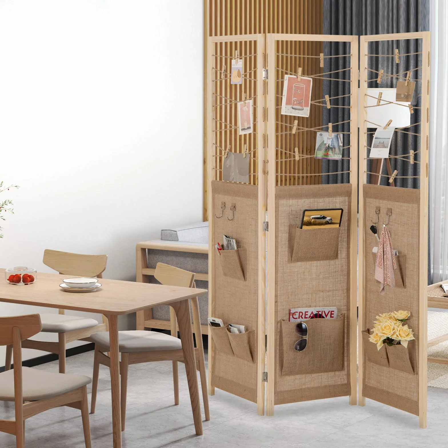 GIANTEX Składany 3-panelowy parawan, drewniana przegroda prywatności z 8 kieszeniami do przechowywania, 4 hakami i sznurkiem do zawieszenia z 20 bambusowymi klipsami, 120 x 170 x 2 cm
