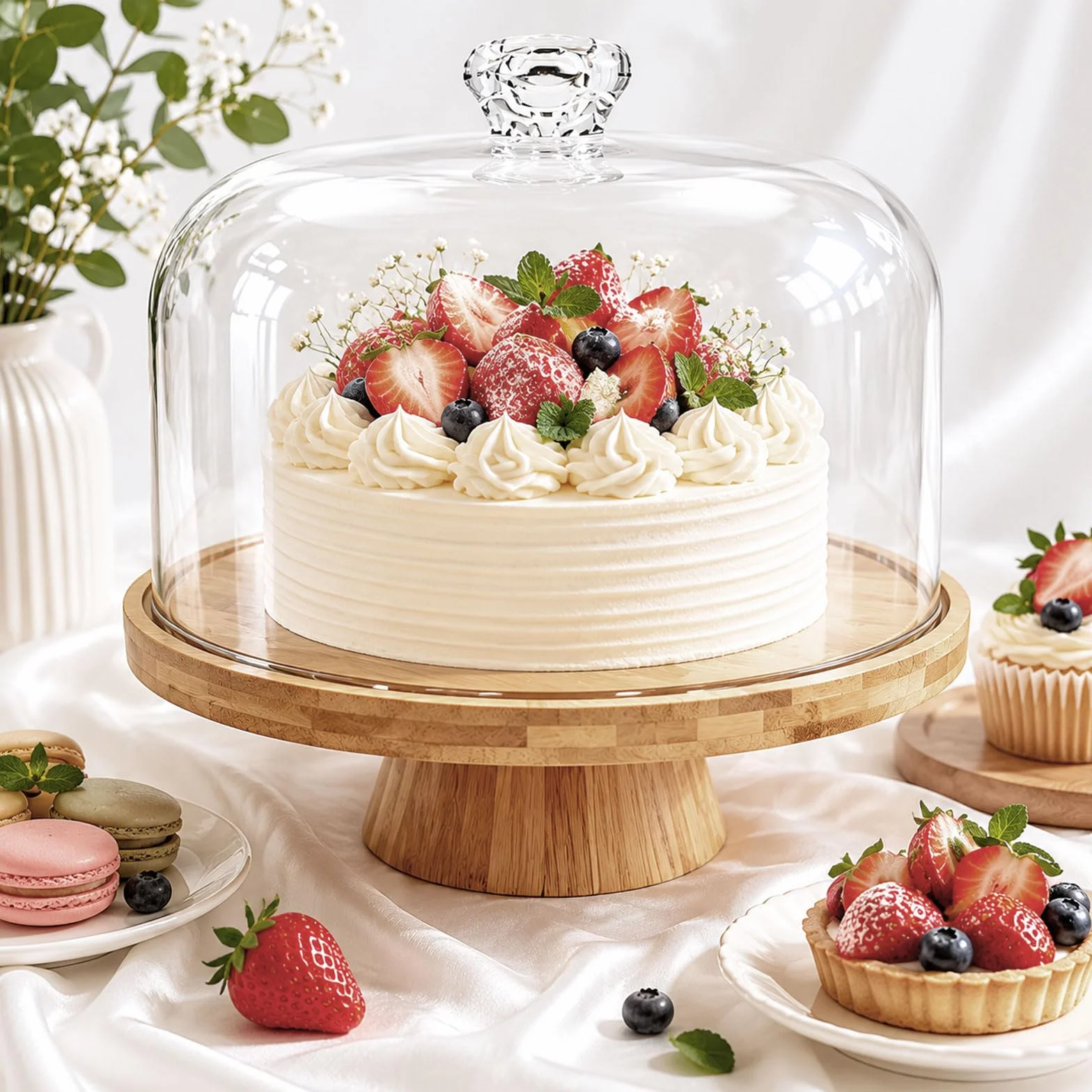 Patera na tort z pokrywką, drewniana patera na tort z pokrywką i nóżką, obracana patera do ciasta, patera na tort, do dekoracji ciast