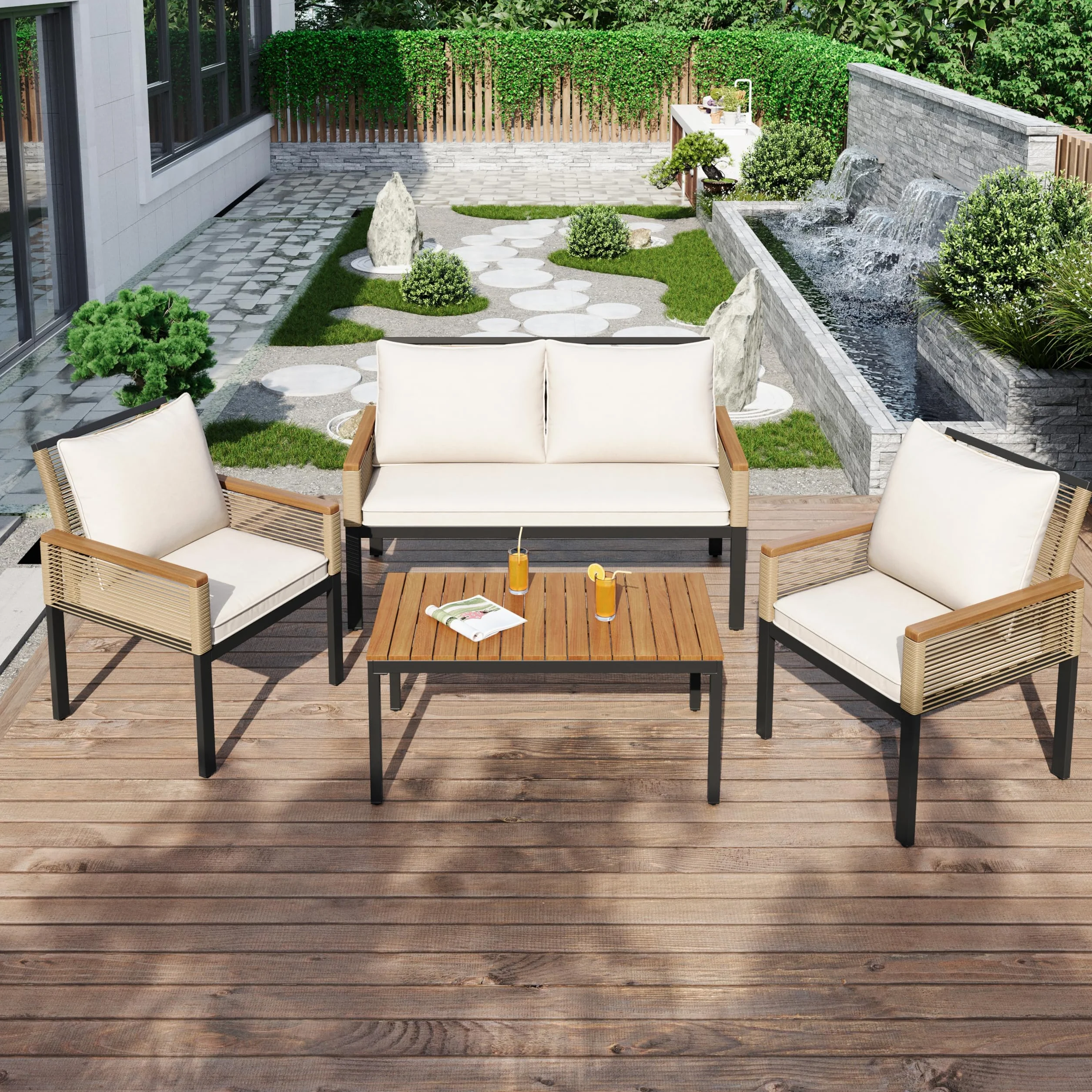 Zestaw mebli ogrodowych z wygodną poduszką, podwójna sofa, 2 fotele i stół, do użytku na zewnątrz, rattan, stół i krzesła (beżowy)