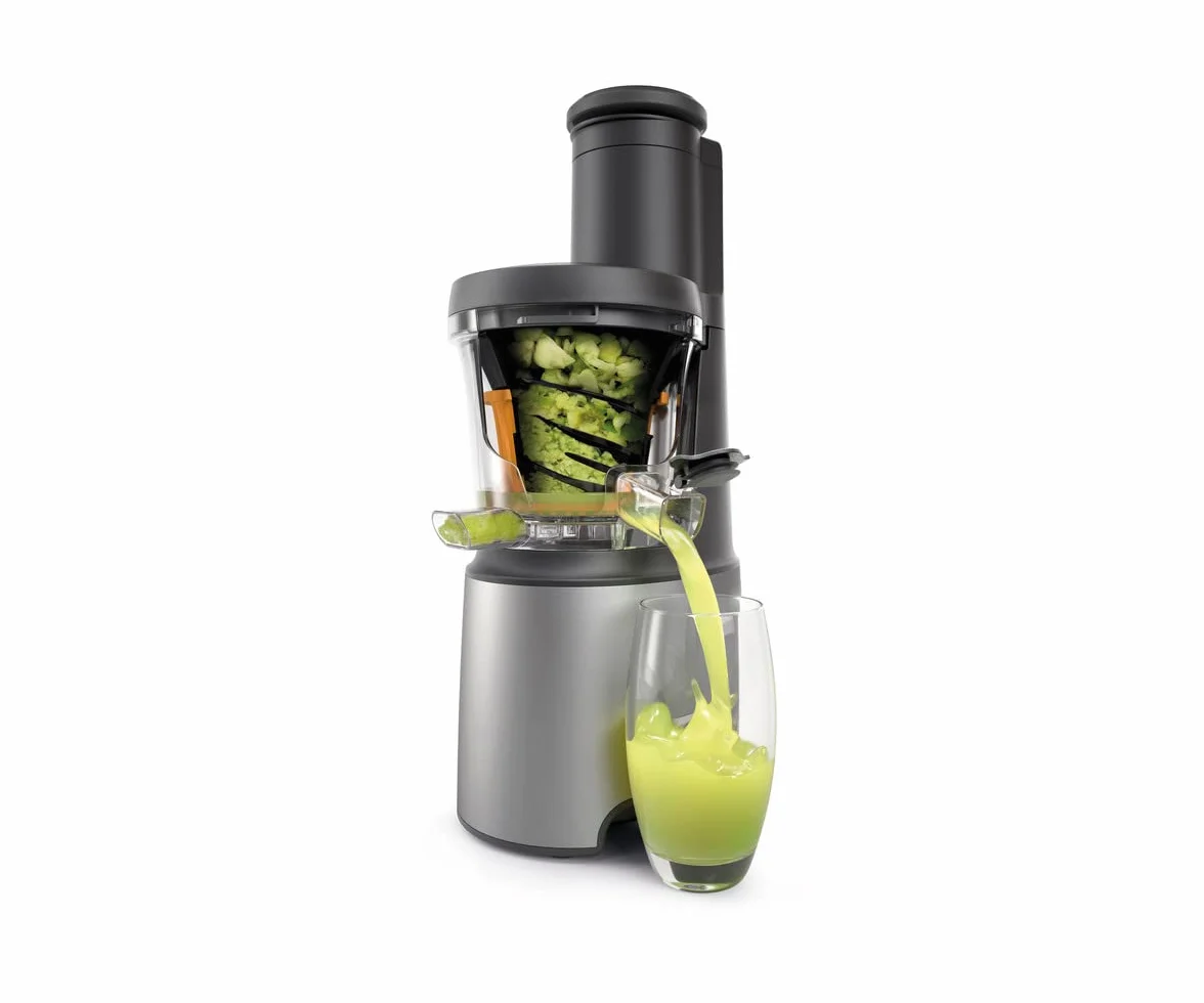 Kenwood PureJuice JMP85.00SI, wyciskarka wolnoobrotowa, dwie tuby XL na całe owoce, niskie obroty dla zachowania wartości odżywczych z przetwarzanych składników, 230 W, srebrny