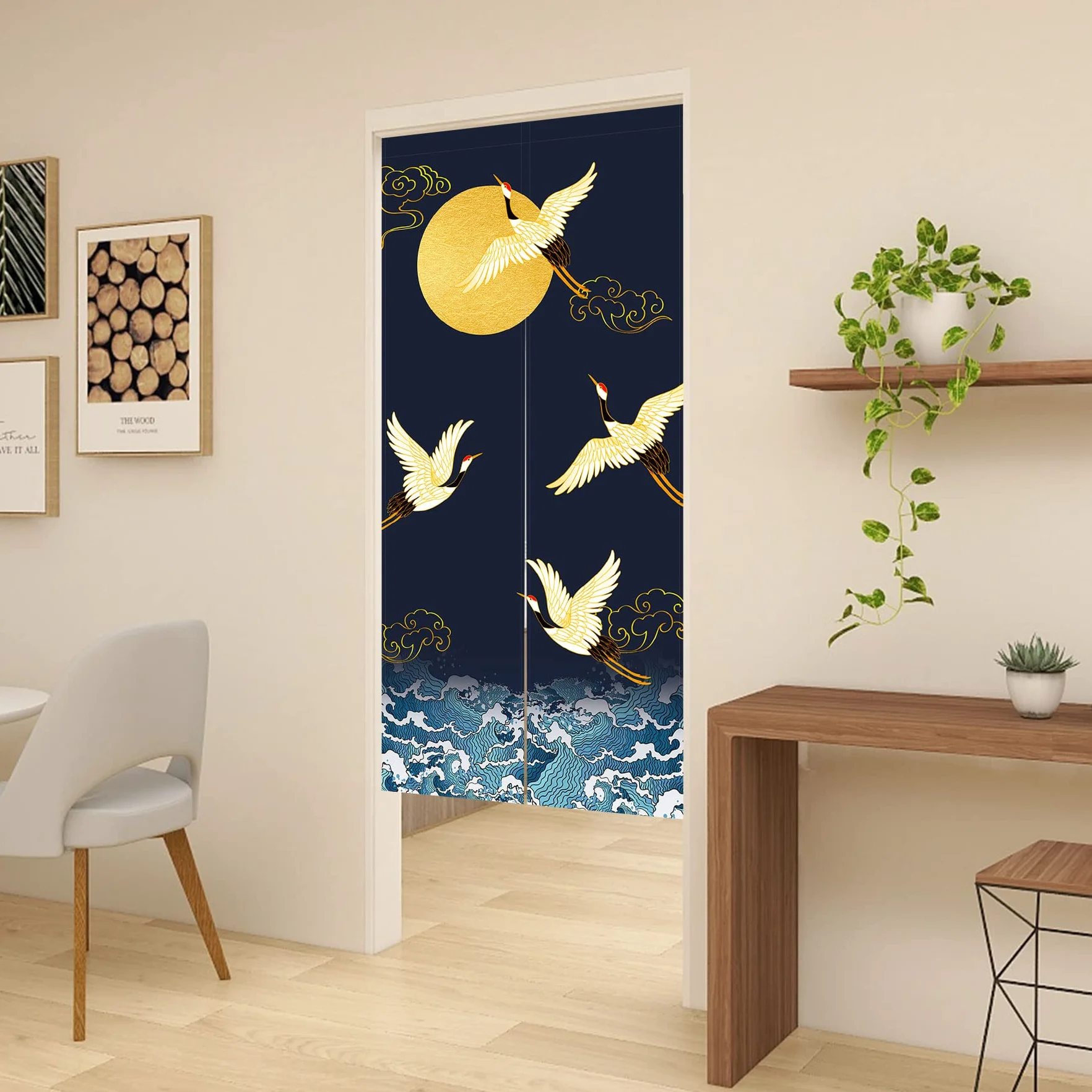 LIGICKY Noren zasłona do drzwi w japońskim stylu żurawie fale złota pełnia księżyca nadruk bawełna len dekoracja drzwi gobelin do dekoracji wnętrz 85 x 180 cm, granatowa