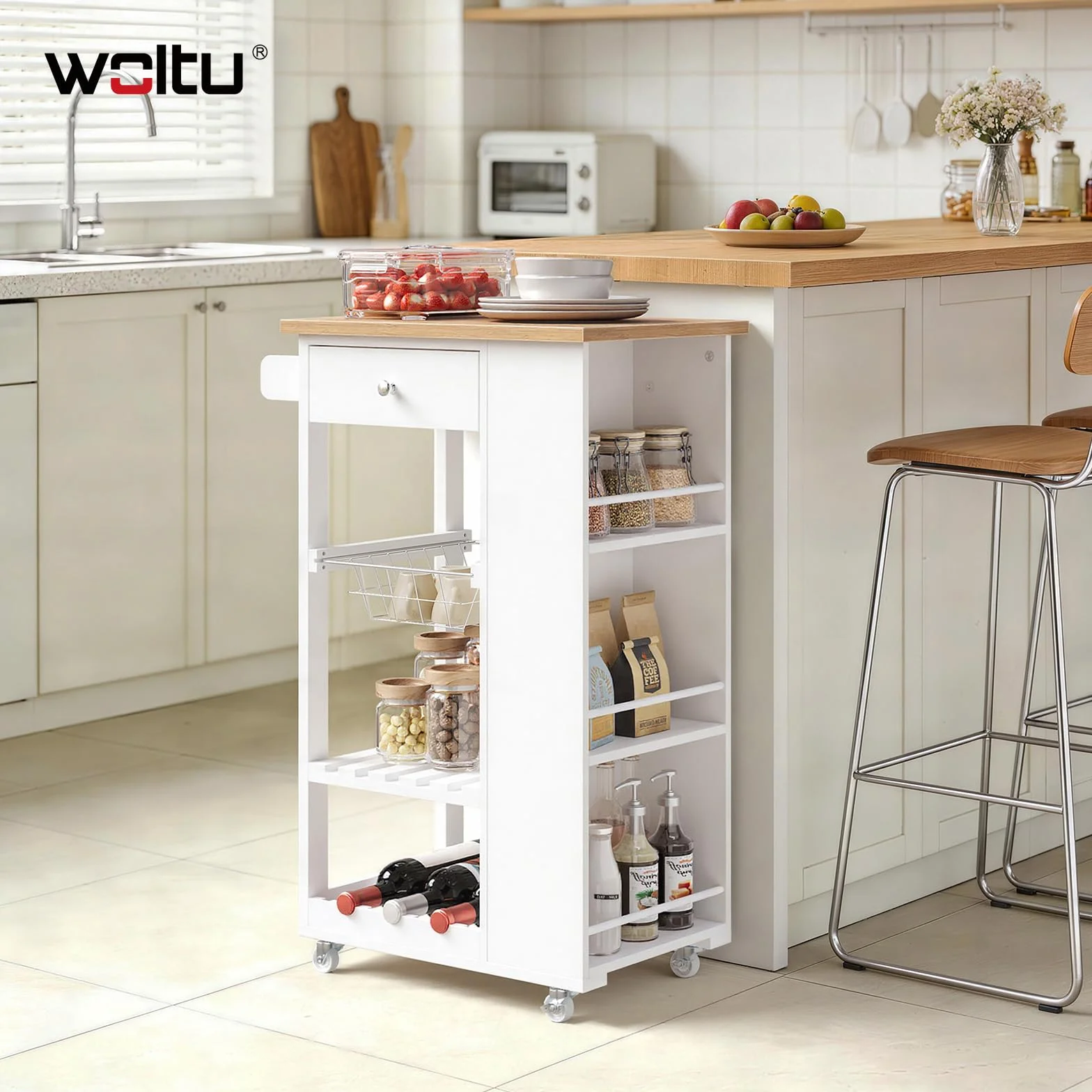 WOLTU Wózek kuchenny na kółkach, mobilna wyspa kuchenna z blatem roboczym, wózek do serwowania z szufladą, regał na wino i 3 półki boczne, do kuchni, jadalni, salonu, bambus + biały