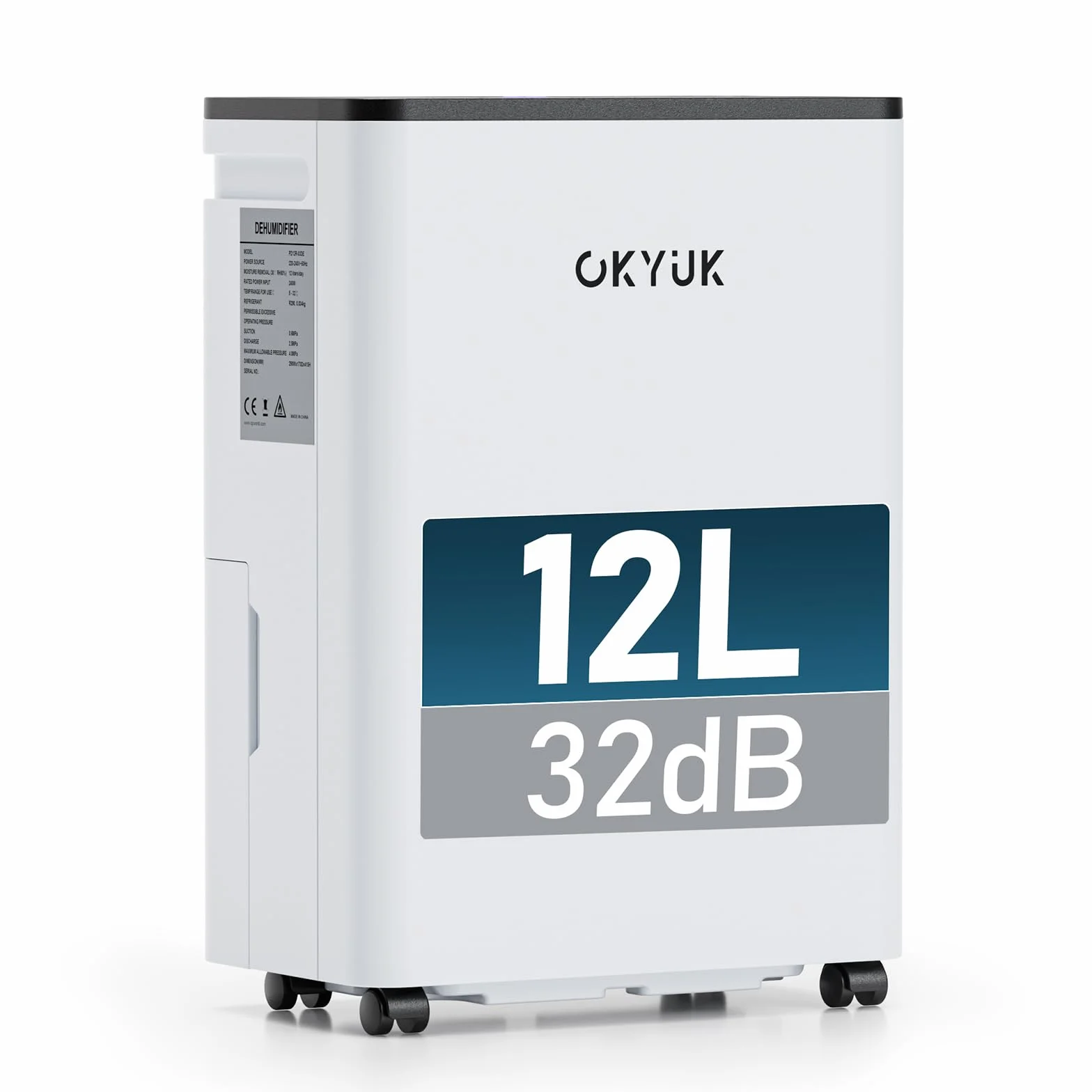 OKYUK Elektryczny osuszacz powietrza, 12 l, z cyfrowym wskaźnikiem wilgotności powietrza, osuszacz powietrza do domu, 60 m² z automatycznym wyłączaniem, idealny do kampera, łazienki, piwnicy (12 l