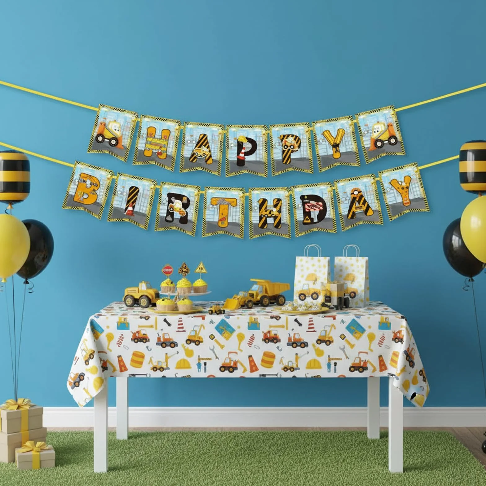 Koboko Pojazdy budowlane Happy Birthday, girlanda na plac budowy, baner imprezowy, niebiesko-czerwony żółty, 18 x 16 cm