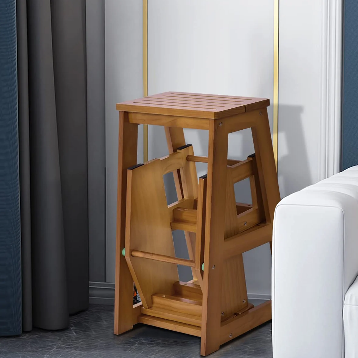 COSTWAY Drabinka taboret, 3 stopnie, krzesło drabinowe, składane krzesło do 150 kg, wysokość 66 cm, drabina z litego drewna, drabina do gospodarstwa domowego, pomoc przy wchodzeniu dla konia (natur)