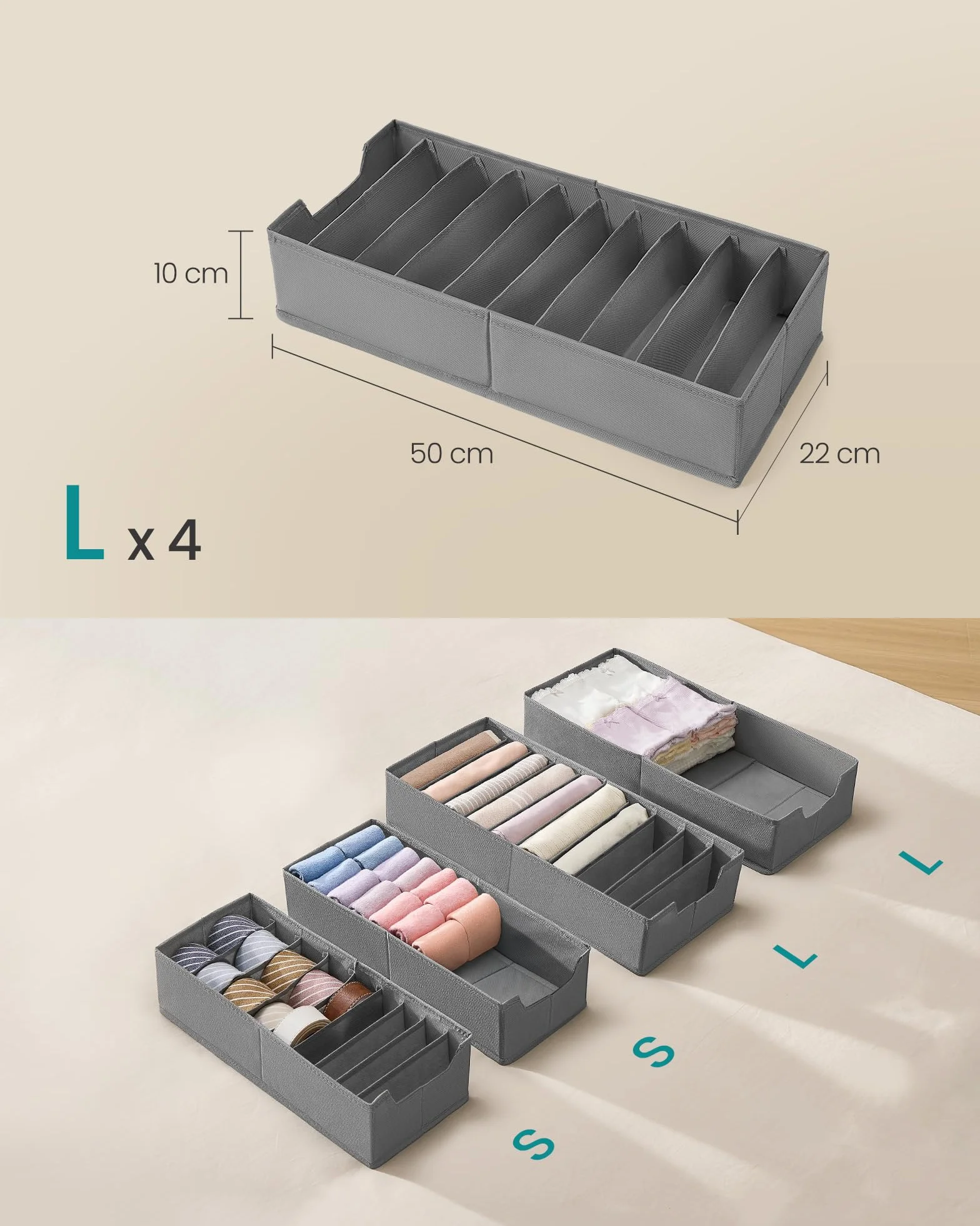 SONGMICS Zestaw 4 przegródek do szuflad IKEA PAX z separatorami, składanymi organizerami bielizny, 50 x 22 x 10 cm, szary taupe RUS015G01