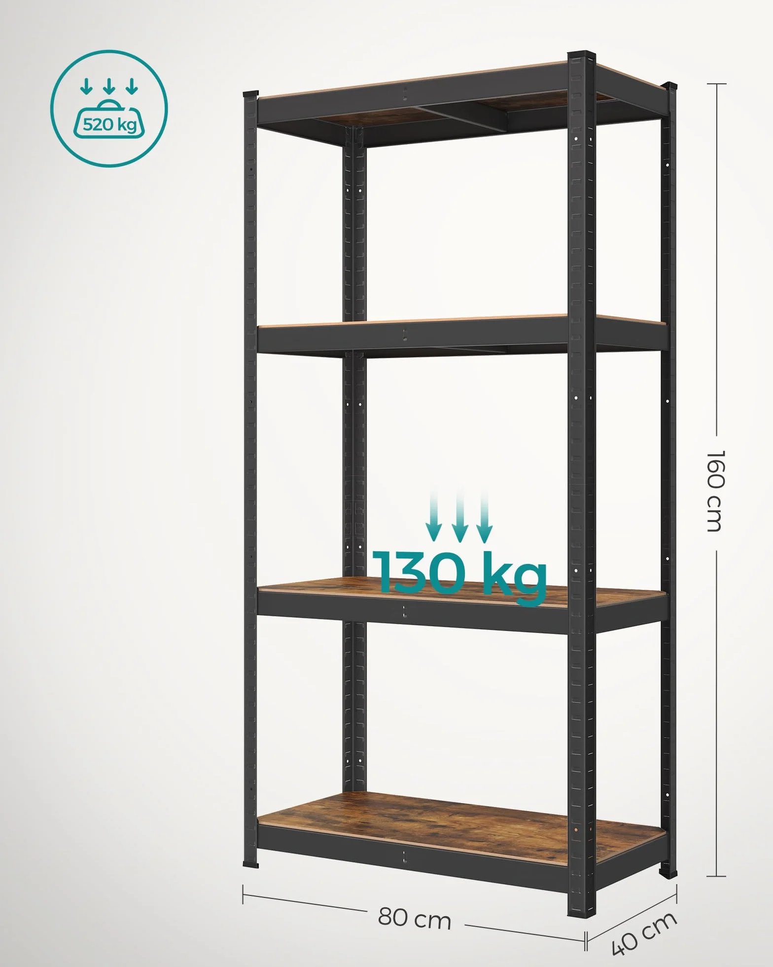 SONGMICS Regał 40 x 80 x 160 cm, nośność 520 kg (130 kg na półkę), przemysłowe, regulowane półki magazynowe, do salonu, kuchni, garażu, rustykalny brązowo-czarny GLR044B11