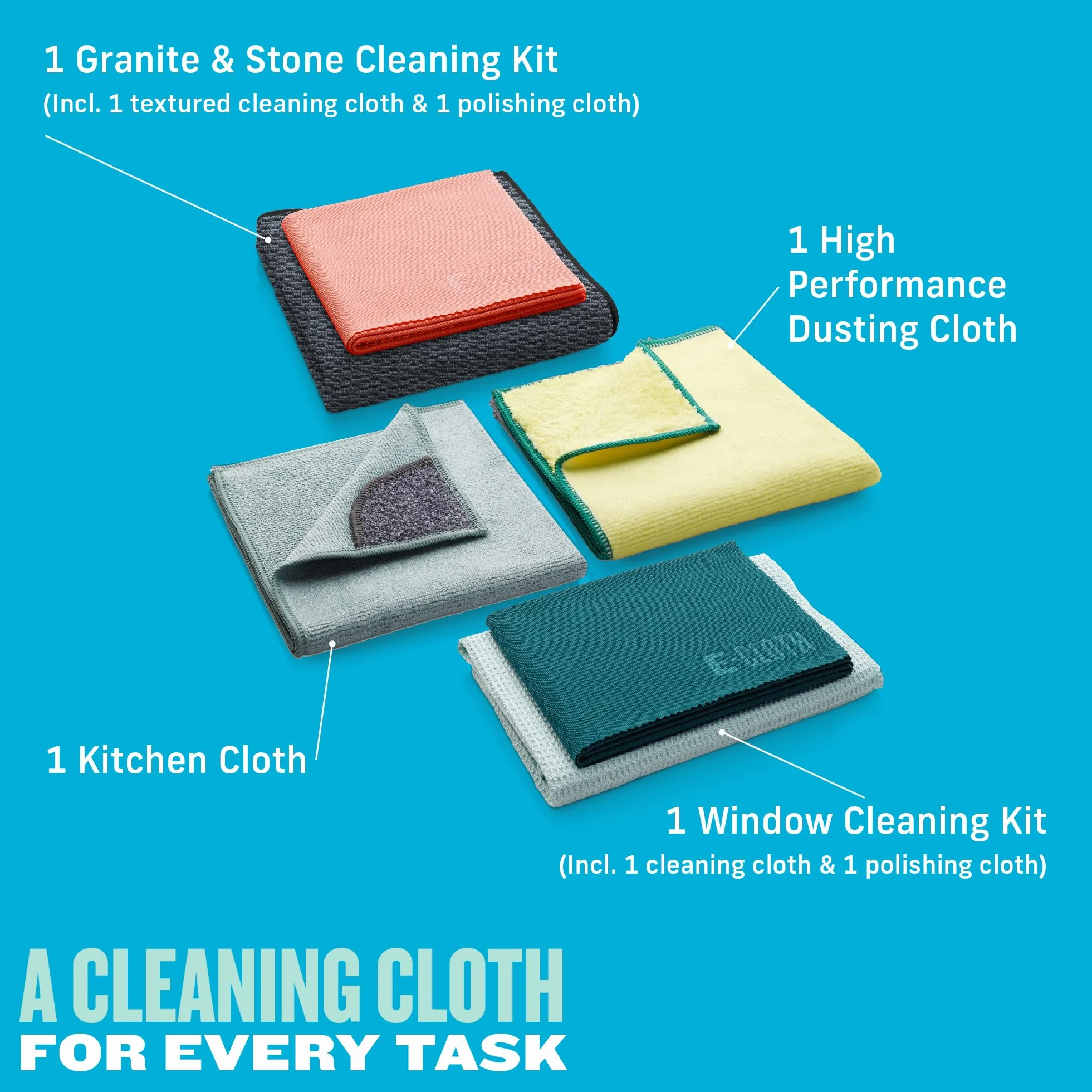 E-Cloth 6-pc Home Cleaning Essentials, Contains Multiple Microfiber Cleaning Cloths for a Streak-Free Clean Glass, Window, Kitchen, Dust, Granite, and Marble, 100 Wash Promise