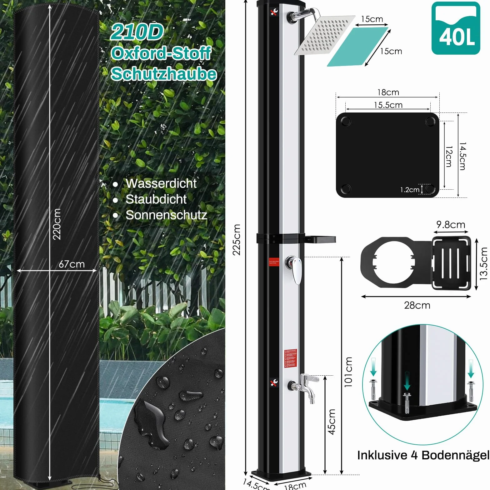 Prysznic solarny 40 l, prysznic ogrodowy, ciepła woda do 60°C, z deszczownicą, kranem, skrzynką na mydło i pokrowcem ochronnym, prysznic basenowy, na kemping, do ogrodu, na balkon i basen, bez