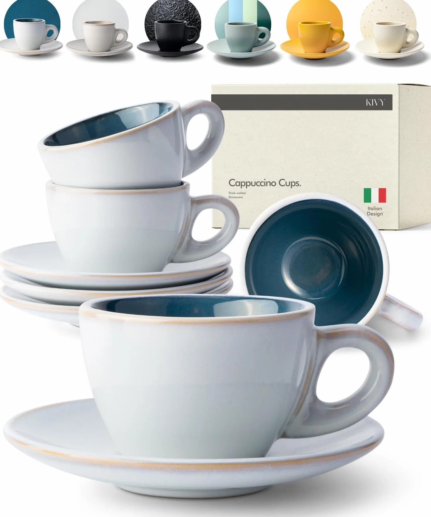 KIVY Filiżanki do cappuccino o grubych ściankach [4 x 180 ml] – ręcznie wykonane filiżanki z kamionki – filiżanki do kawy ze spodkami – filiżanki do cappuccino szare niebieskie – duże filiżanki do