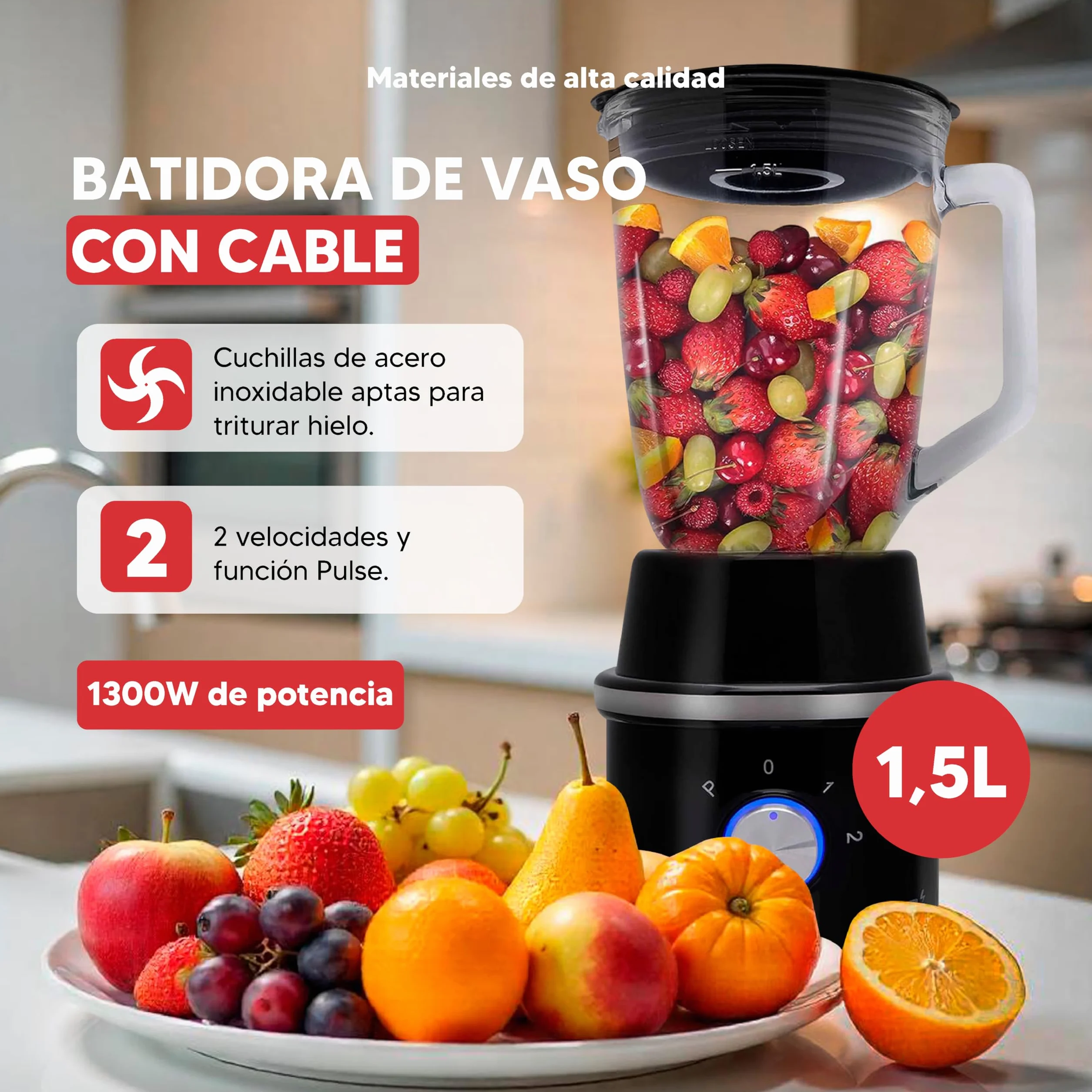 Sogo Blender stołowy, blender do soków, smoothies - maszyna do smoothies maker, rozdrabniacz do żywności ze szklanymi dzbankami 1,5 i 0,3 litra, 2 ostrza, 1300 W, czarny (SS-5545)