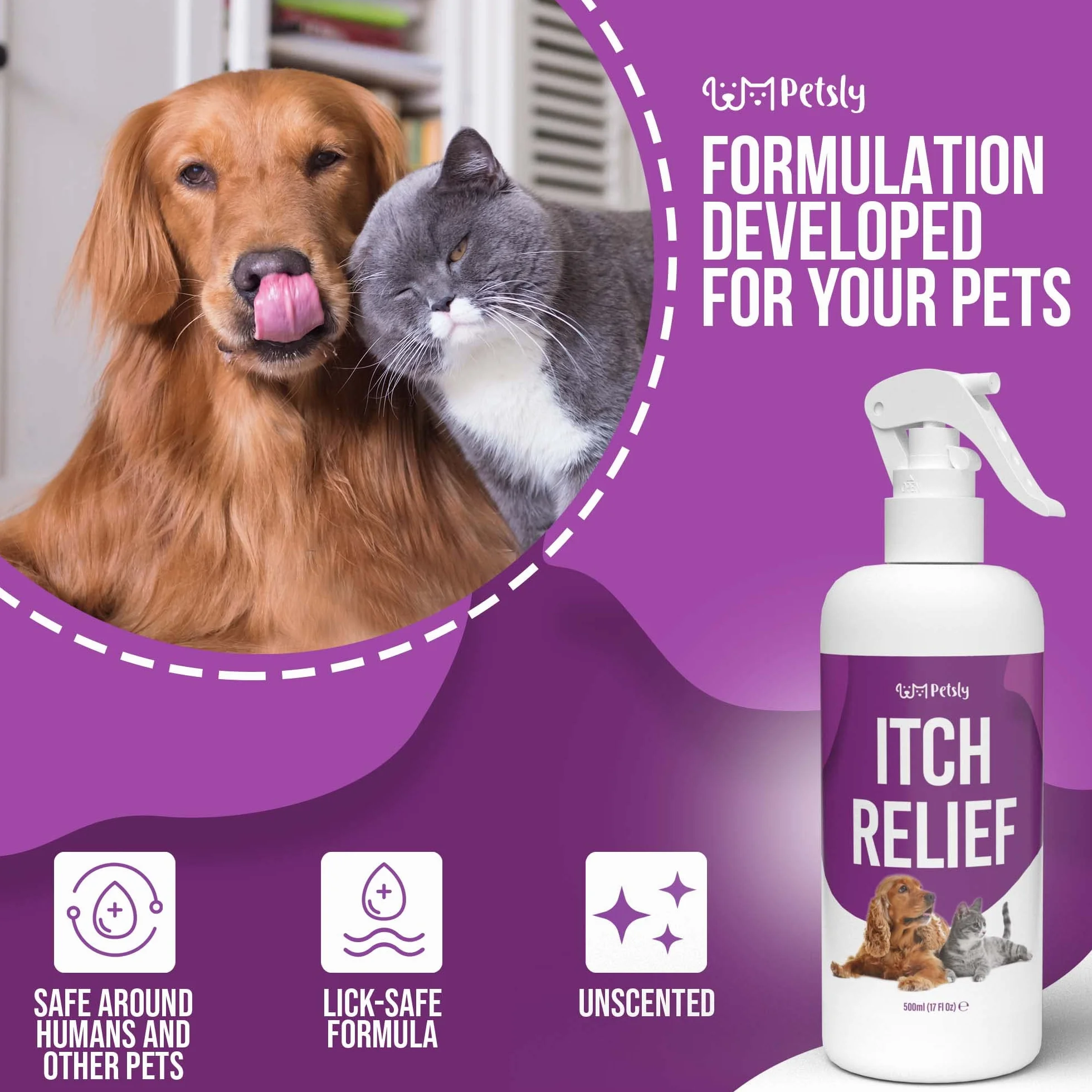 Petsly Anti Itch Spray pielęgnacyjny dla psów i kotów na swędzącą skórę zwierząt - odżywczy aloes jako środek przeciw swędzeniu u kotów, łagodzi swędzenie u psów, spray dla kotów + psów [500ml].