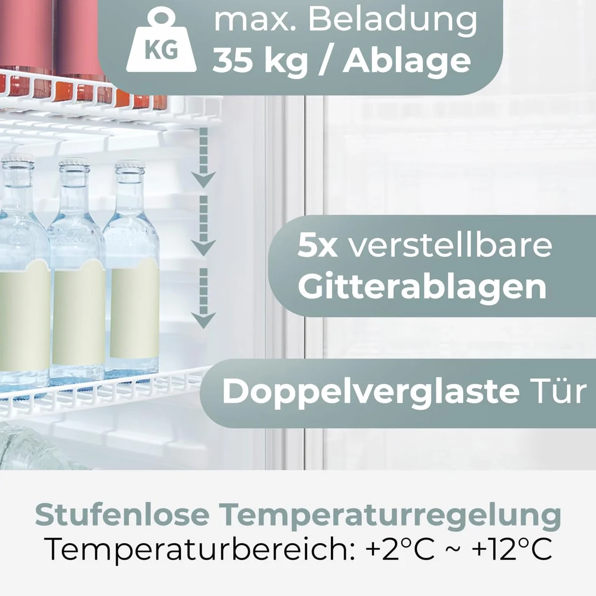 Lodówka Bomann® z drzwiami szklanymi, Klasa energetyczna C, 143 cm, Lodówka na napoje 2-12°C, MultiAirflow, 5 półek drucianych, Odwracalny zawias drzwi, 236 l, Chłodziarka na butelki, KSG 7292, biała