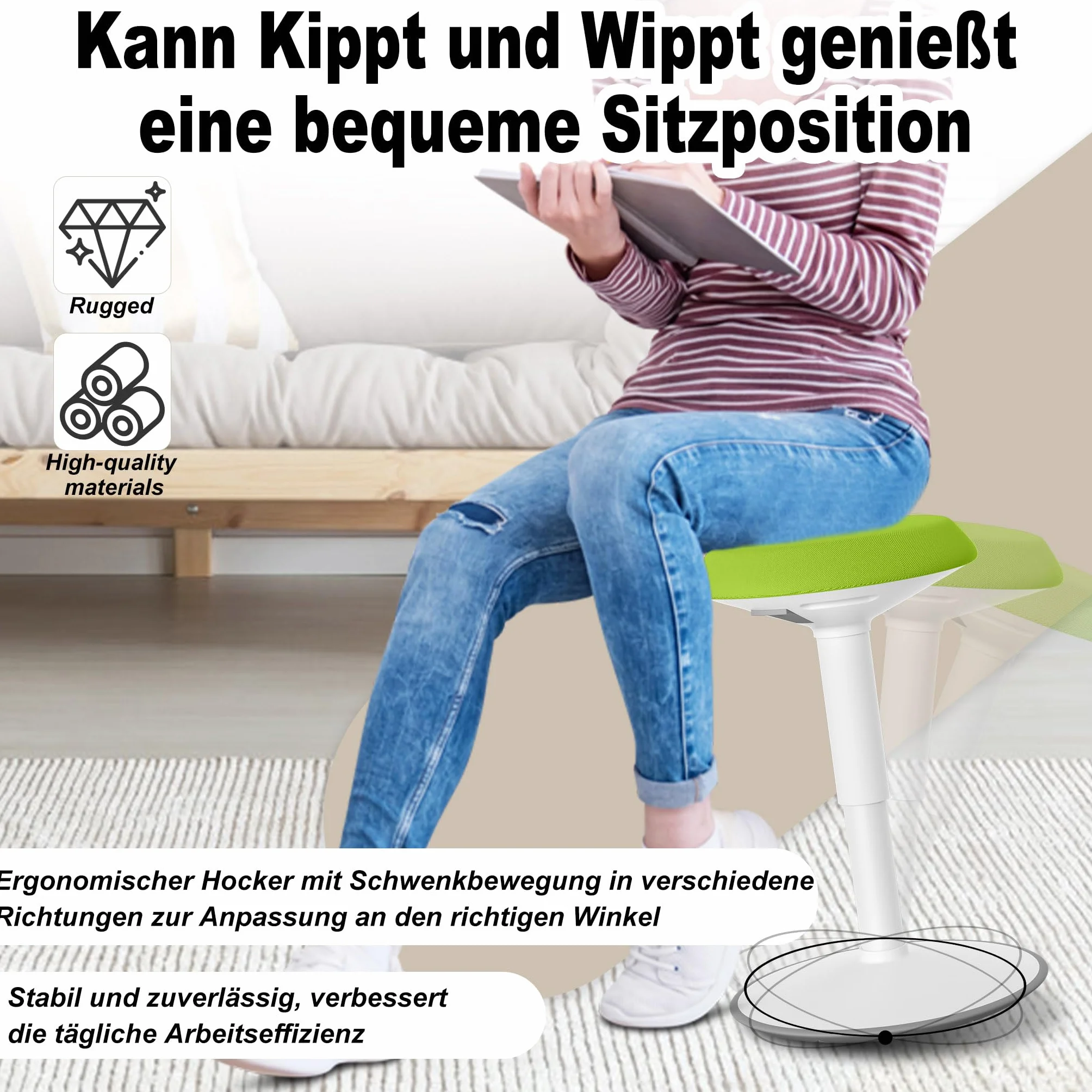 Froadp Stołek biurowy, ergonomiczny taboret, stojący z regulacją wysokości 43-61 cm, antypoślizgowy, do salonu, baru, biura, zielony, okrągły
