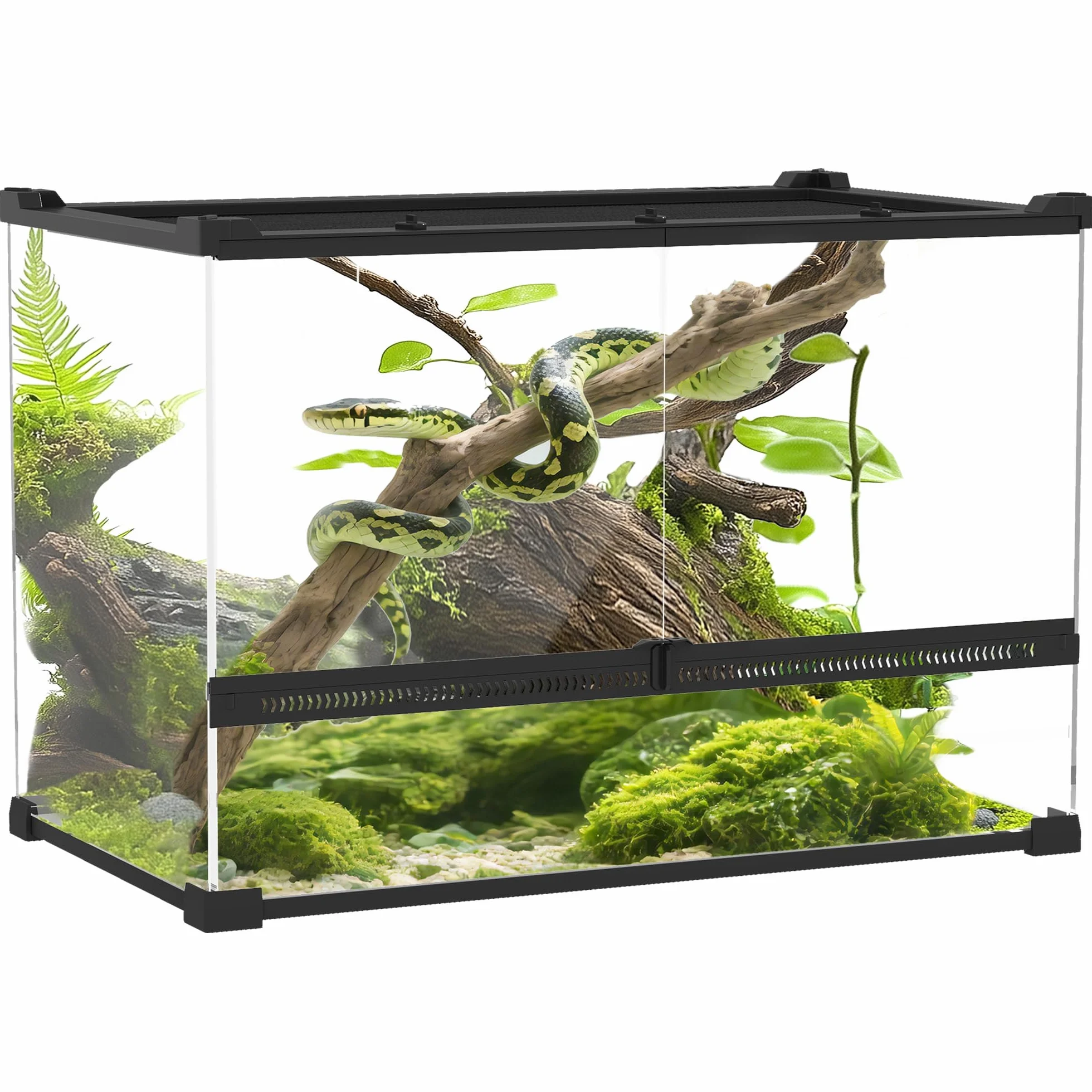 PawHut Terrarium dla gadów, szklane sterrarium 48 l, pudełko na karmienie gadów, z przednią wentylacją, odporne na wybicie zamknięcie obrotowe dla pająków, czarne, 50 x 30 x 35 cm