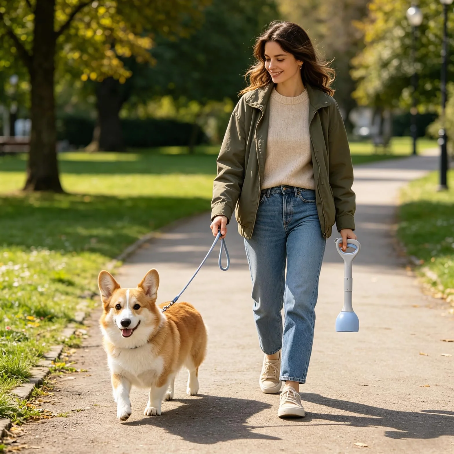 Przenośna szufla dla psów 48 cm: tworzywo ABS, składany pojemnik na odchody dla psów, ergonomiczny uchwyt z dozownikiem worków, na podwórko, do ogrodu, do czyszczenia trawnika, błękitna