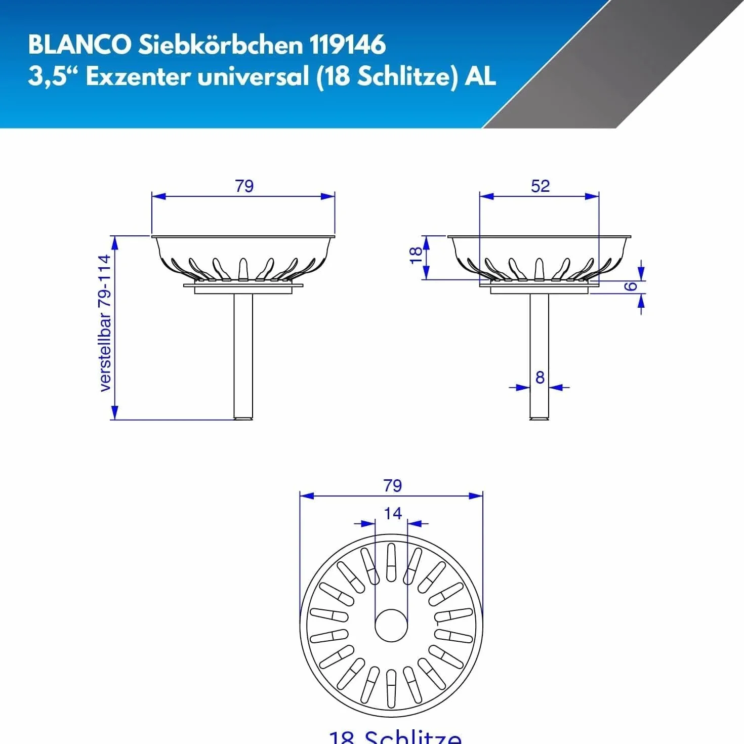 Blanco 119146 Kosz Sitkowy Część Zamienna Do Zlewu Ze Stali Nierdzewnej, Srebrny, 7.9 Cm/18 Otworów Odpływowych