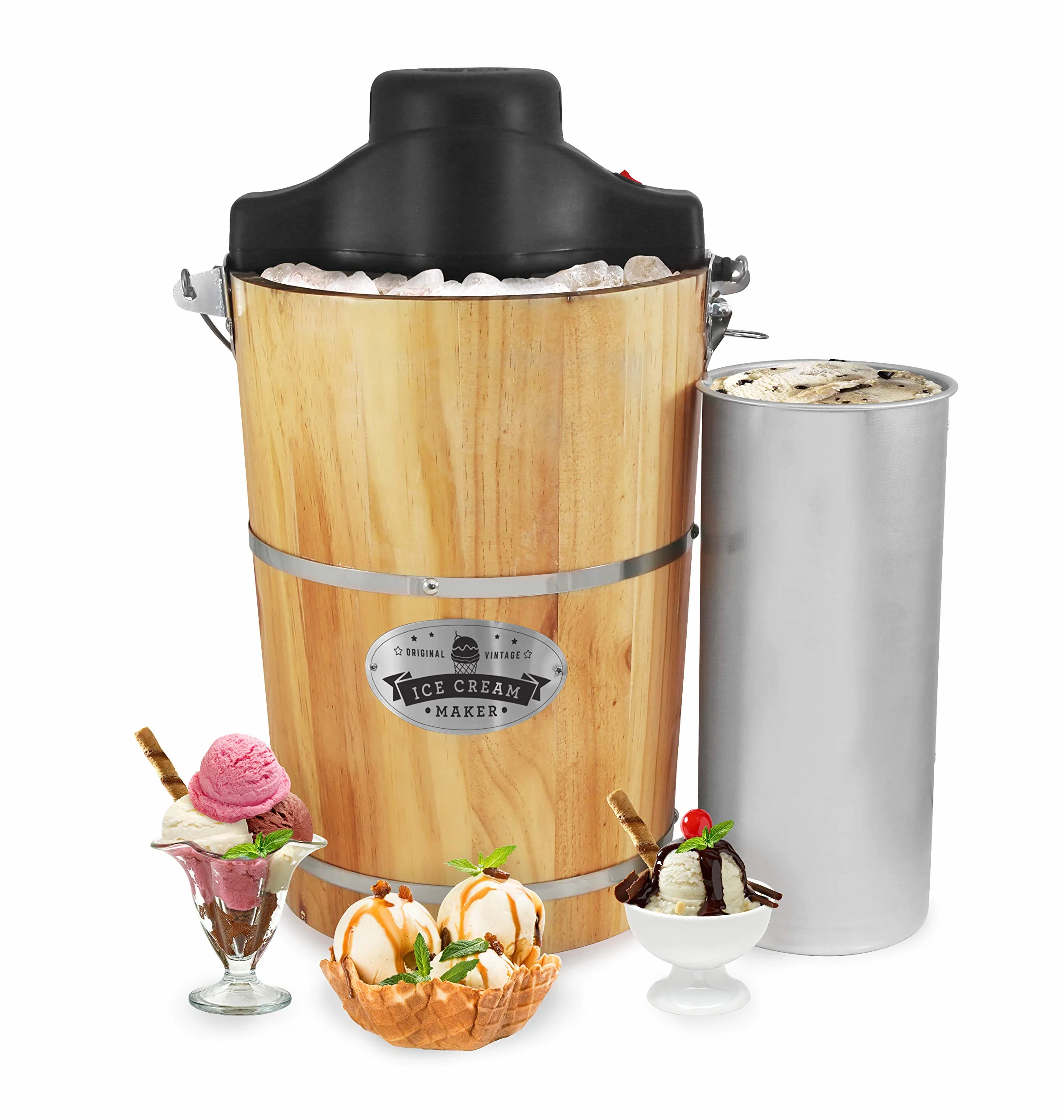 Elite Gourmet EIM916 maszyna do lodów, tradycyjna, elektryczna, vintage z drewna Appalachów, klasyczna korba ręczna z odlewu ciśnieniowego jako bonus, wykorzystuje sól kamienną, mieszając lód w kilka