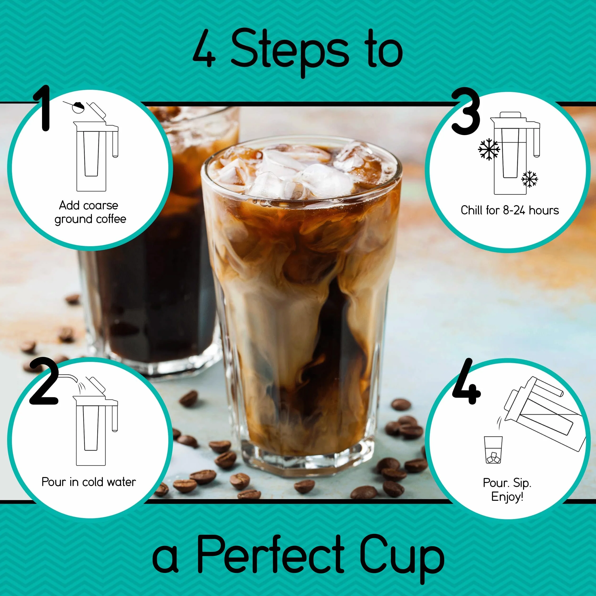 Coffee Gator Ekspres do kawy Cold Brew, filtr bez BPA i szklana karafka, zestaw do parzenia z miarką ze stali nierdzewnej i składanym lejkiem załadunkowym, czarny, 1,4 l