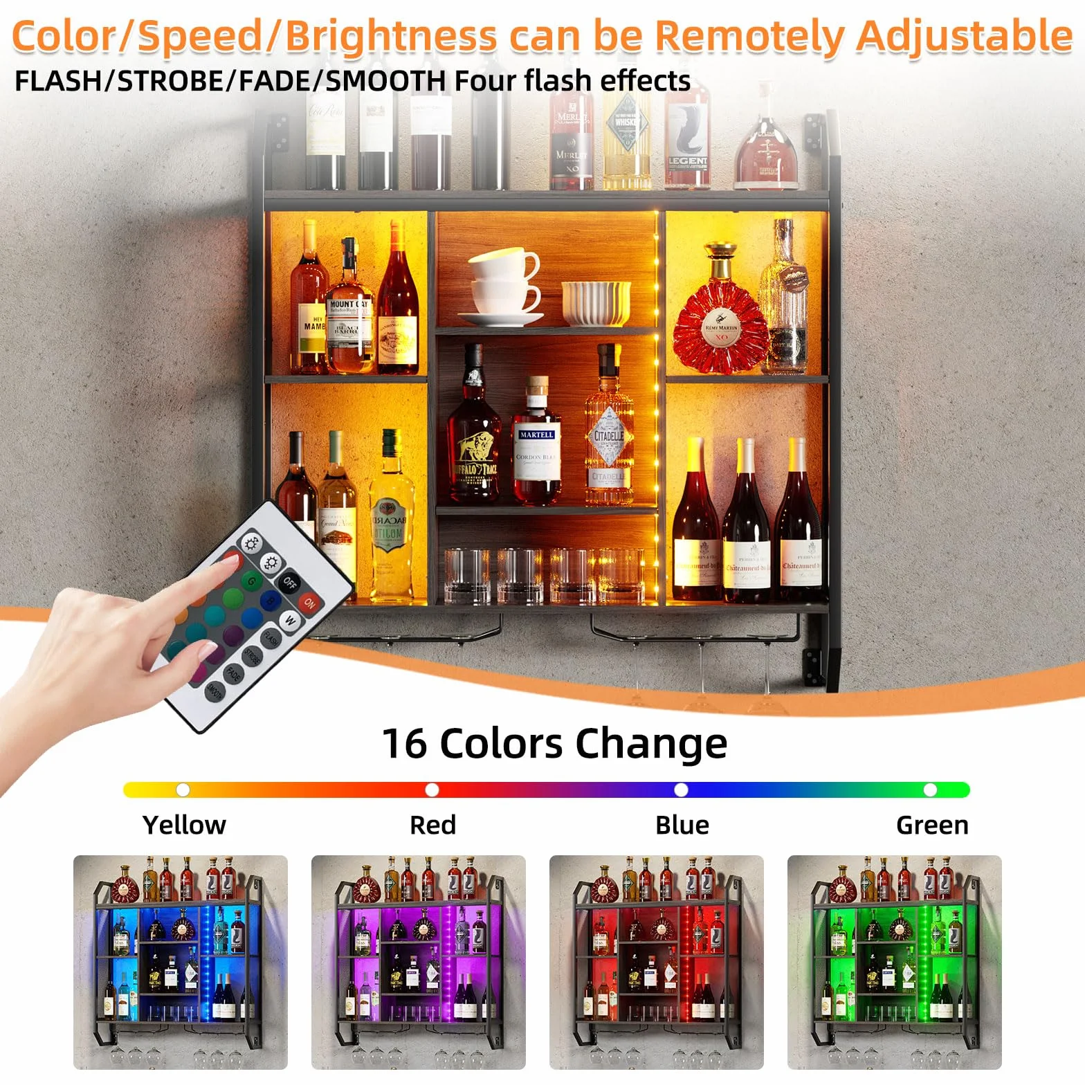 Regał ścienny na wino z oświetleniem LED, 90 x 90 cm, regał na wino do montażu na ścianie, wykonany z żelaza i płyty MDF, regał ścienny z uchwytem na szkło, regał ścienny z regulowaną półką, do barów,