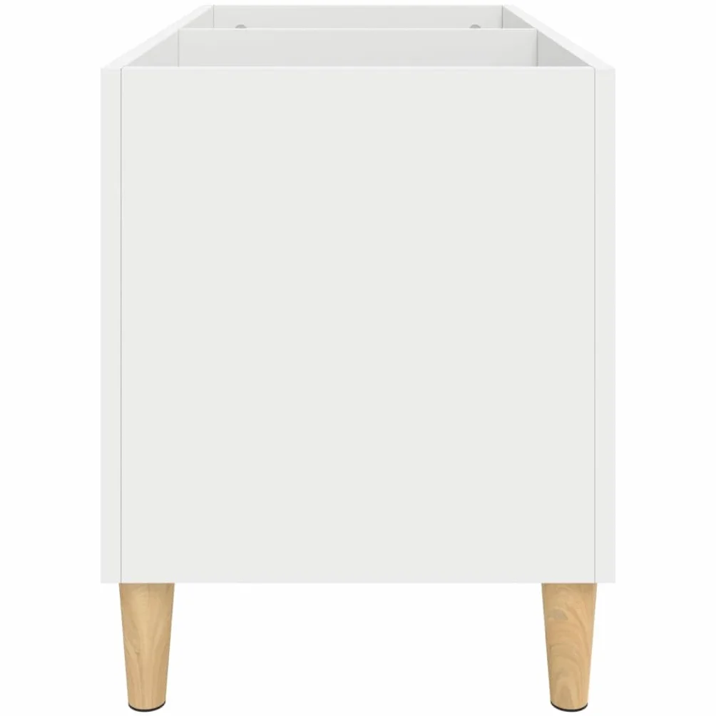 Biała szafka z płyt drewnopochodnych z drewnianymi nogami 74,5 x 38 x 48 cm, przestronny kredens do salonu, uniwersalna szafka pod telewizor i regał na płyty CD do porządnej kolekcji muzyki