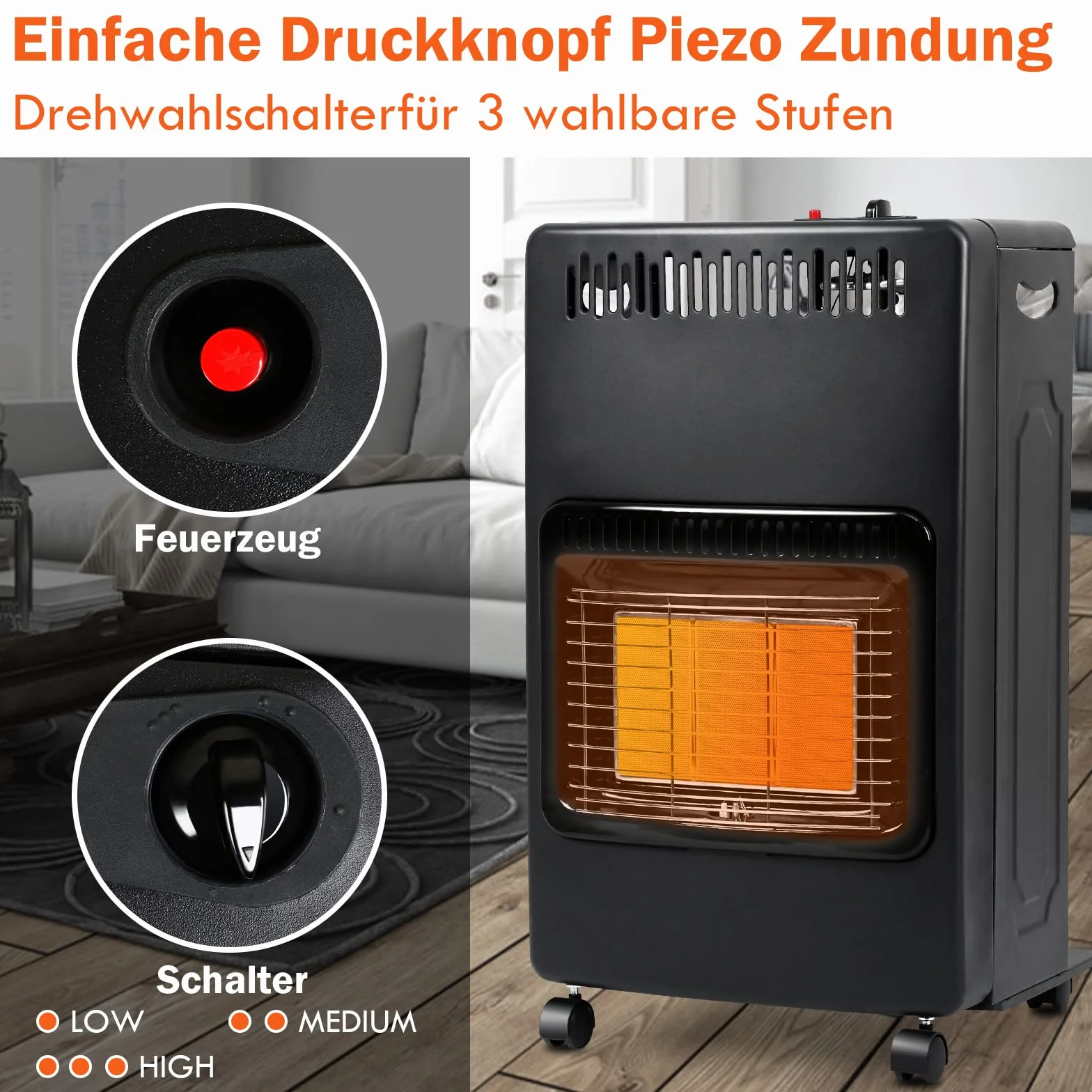 Piec gazowy, grzejnik gazowy, 4,2 kW, składany, 305 g/h, zużycie gazu, pojemność grzewcza 80 m³, ODS, zabezpieczenie przed przewróceniem, zapłon piezoelektryczny, z regulatorem ciśnienia i