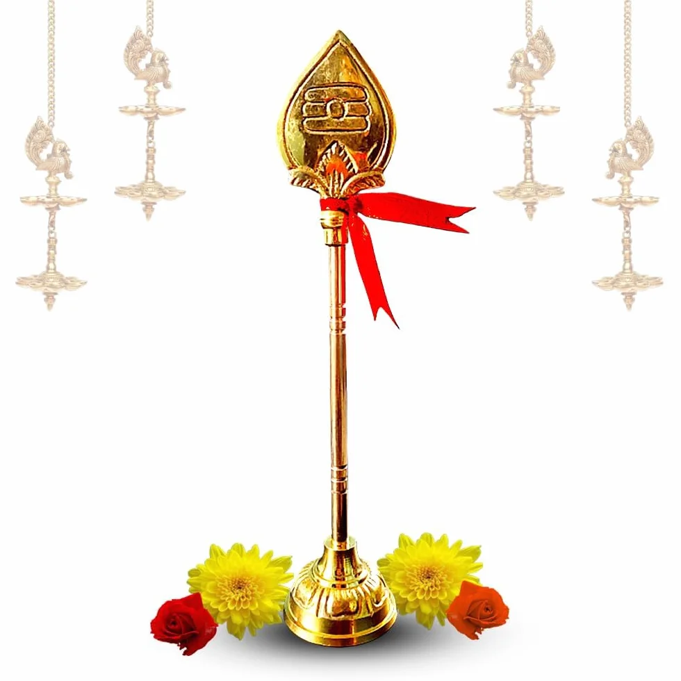 Mosiężny Murugan Vel, tradycyjny stojak lorda Murugana Vel na Pooja i wystrój domu, hinduski bóg Vel Idol, złoty mosiężny posąg Vel (20 cm), prezenty i duchowa dekoracja