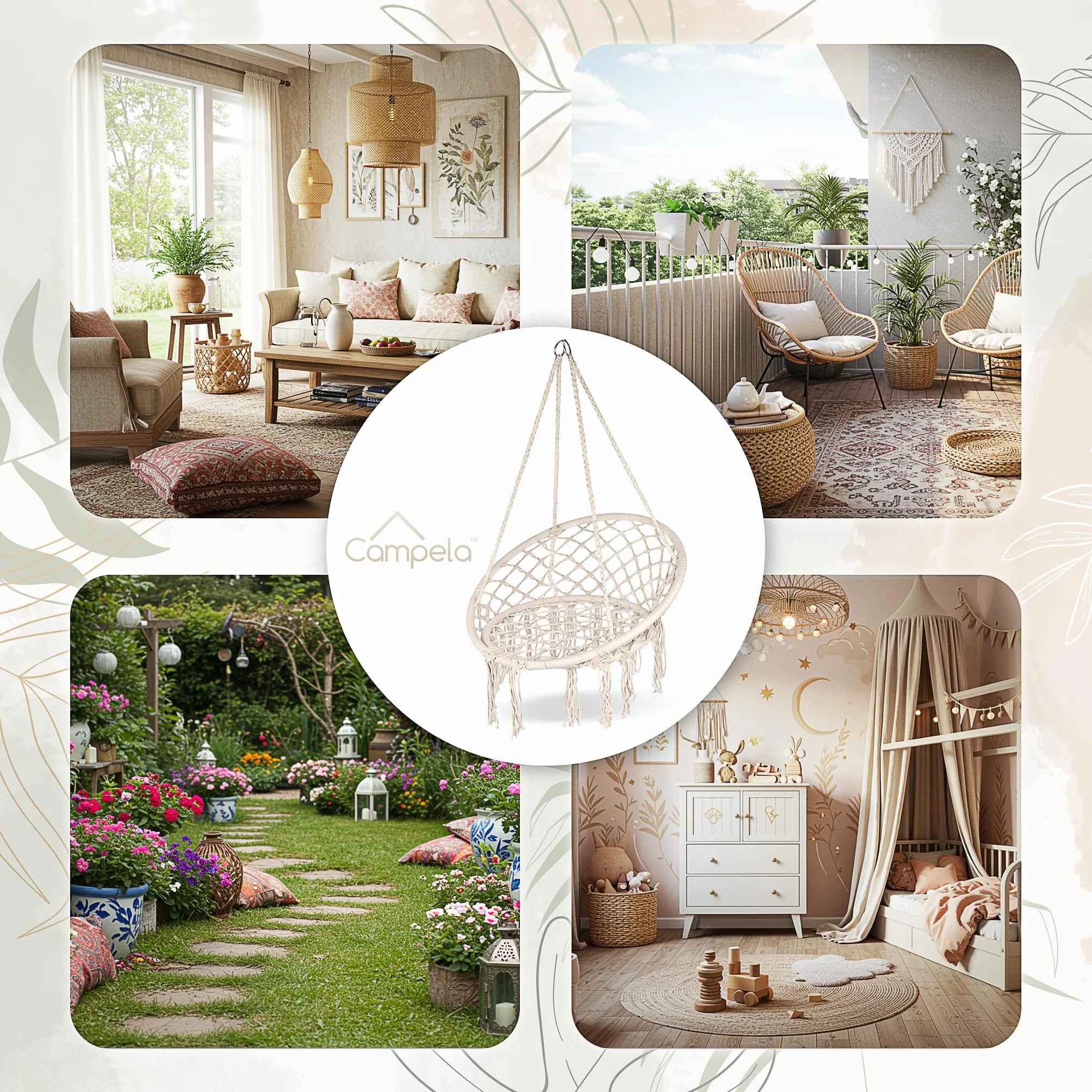 Fotel Wiszący Boho Ecru – Huśtawka Bocianie Gniazdo z Frędzlami | Fotel Hamakowy do Salonu, Ogrodu, Balkonu | Styl Boho | Max 150 kg | Do Wnętrz i Na Zewnątrz