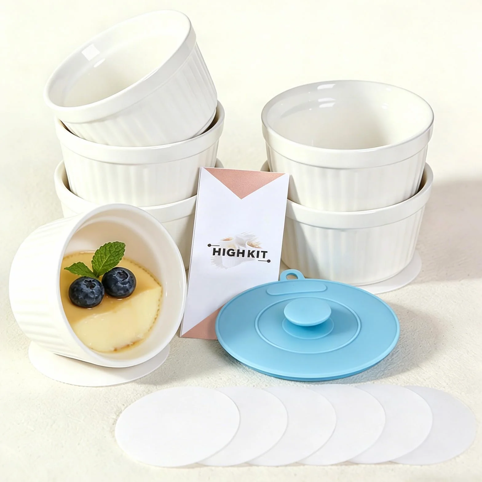 Ramekins zestaw 6 sztuk, 200 ml - 7 oz, porcelanowe ramekiny, ceramiczne naczynia do sufletu, ramekiny odporne na piekarnik, naczynie do crème brûlée 9 cm do ciast, puddingu, lodów i sosów