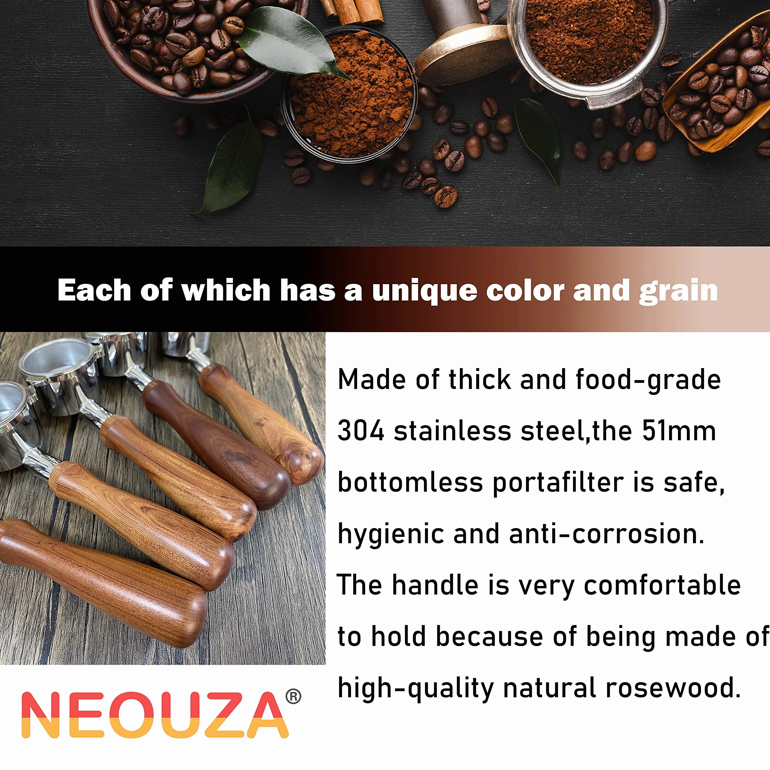 NEOUZA Portafilter do espresso, 51 mm, kompatybilny z ekspresem do kawy DeLonghi Dedica EC680 EC685 Smeg, kosz, bez ciśnienia, podwójne wylewki (3 uszy)