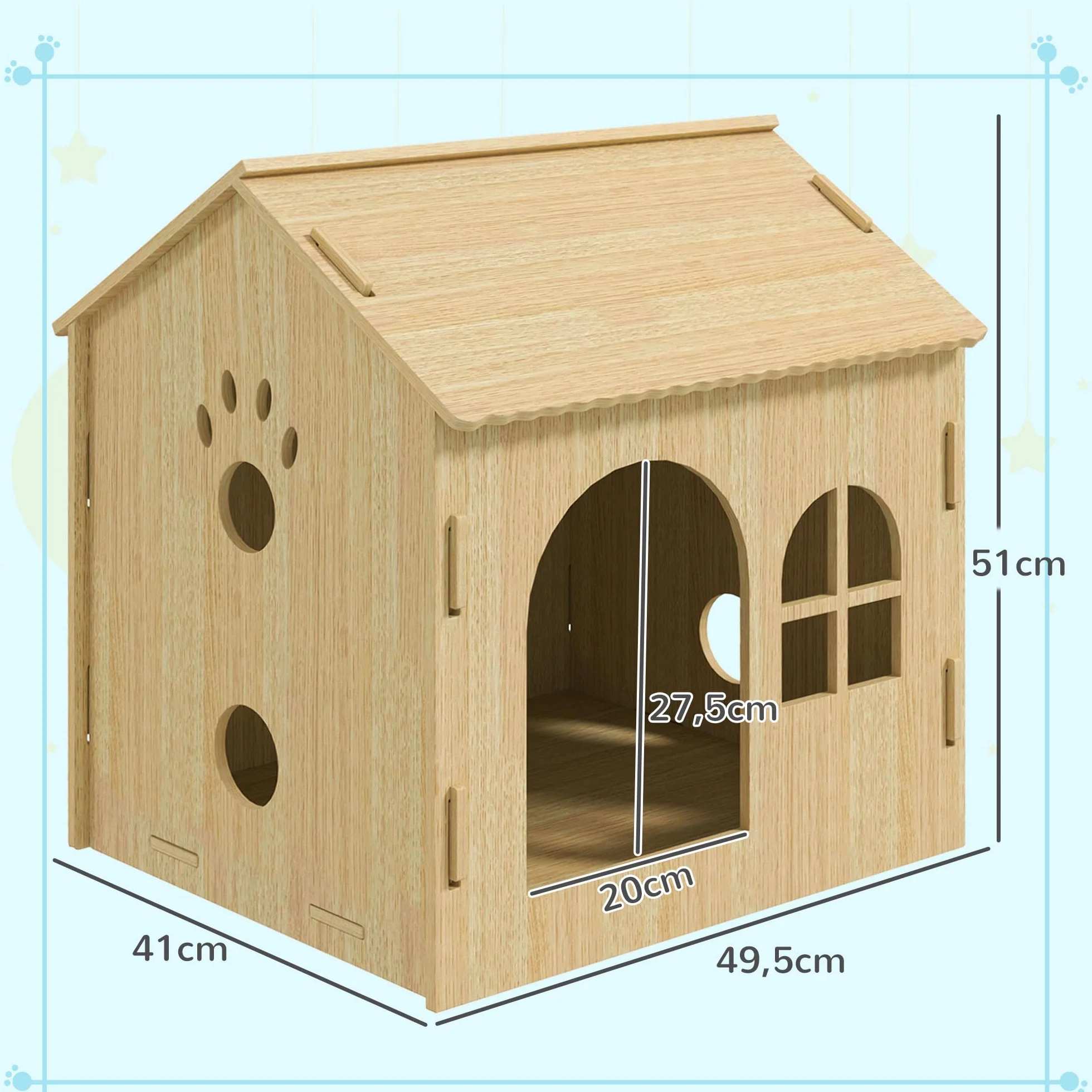 PawHut Buda dla psa z oknem, domek dla kotów z uroczym wzorem łap, montaż bez śrub, dla małych psów poniżej 4 kg, do wnętrz, 49,5 x 41 x 51 cm, dąb